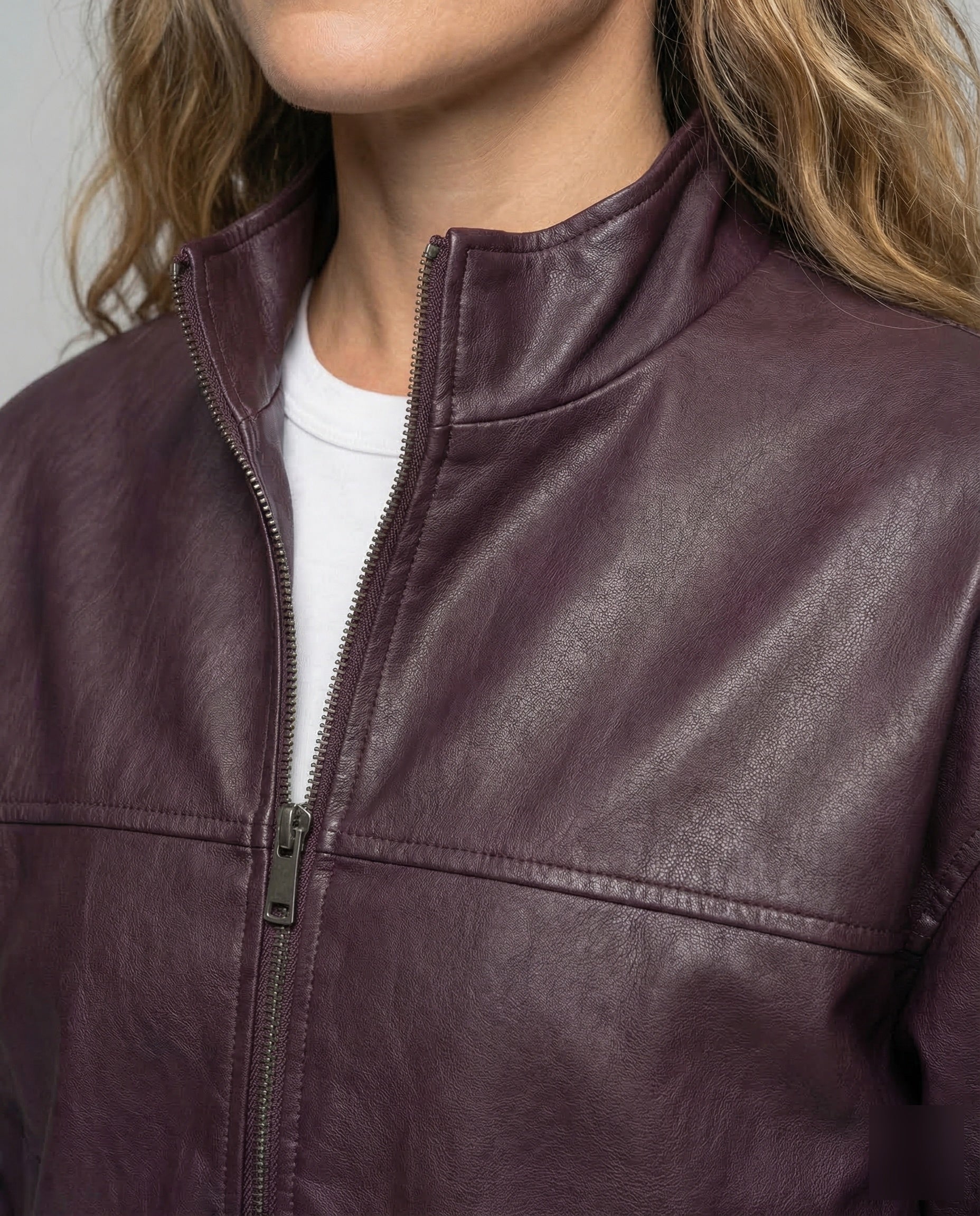 Damen Lederjacke Weit Stehkragen Gürtel - Image 3