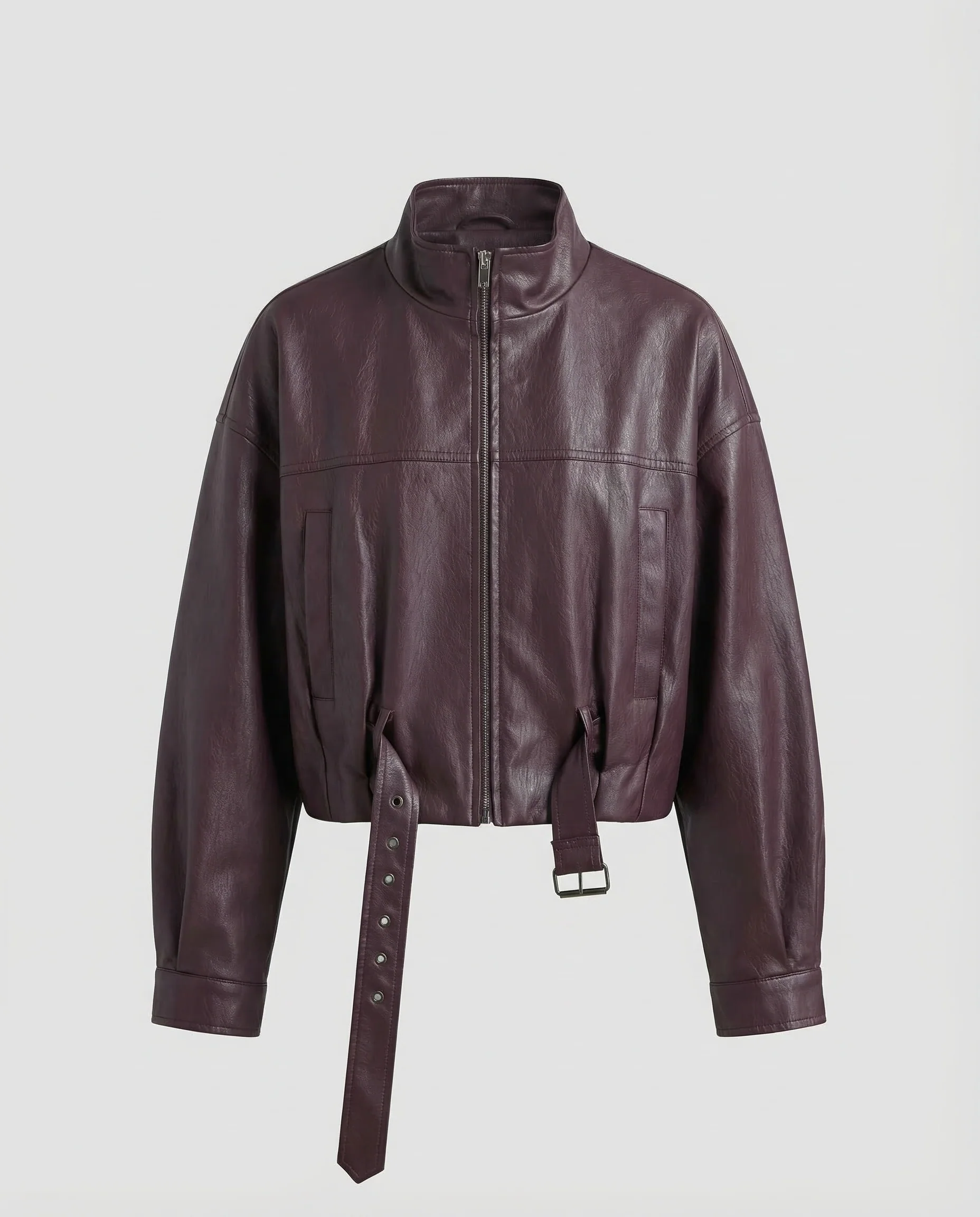 Damen Lederjacke Weit Stehkragen Gürtel - Image 5