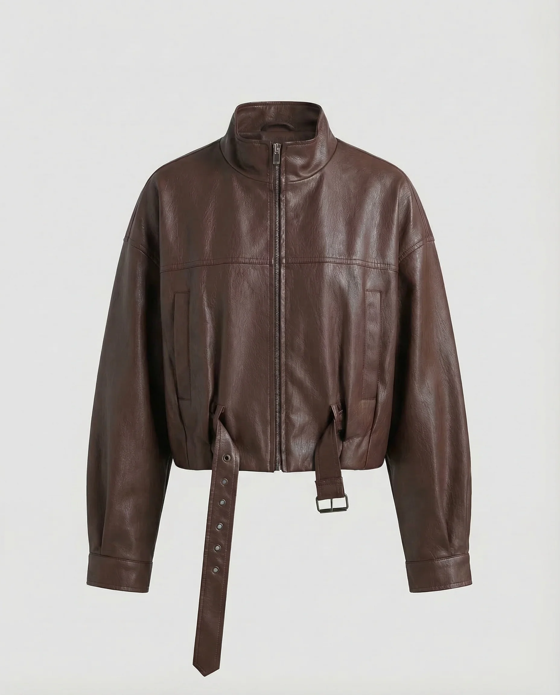 Damen Lederjacke Weit Stehkragen Gürtel - Image 6