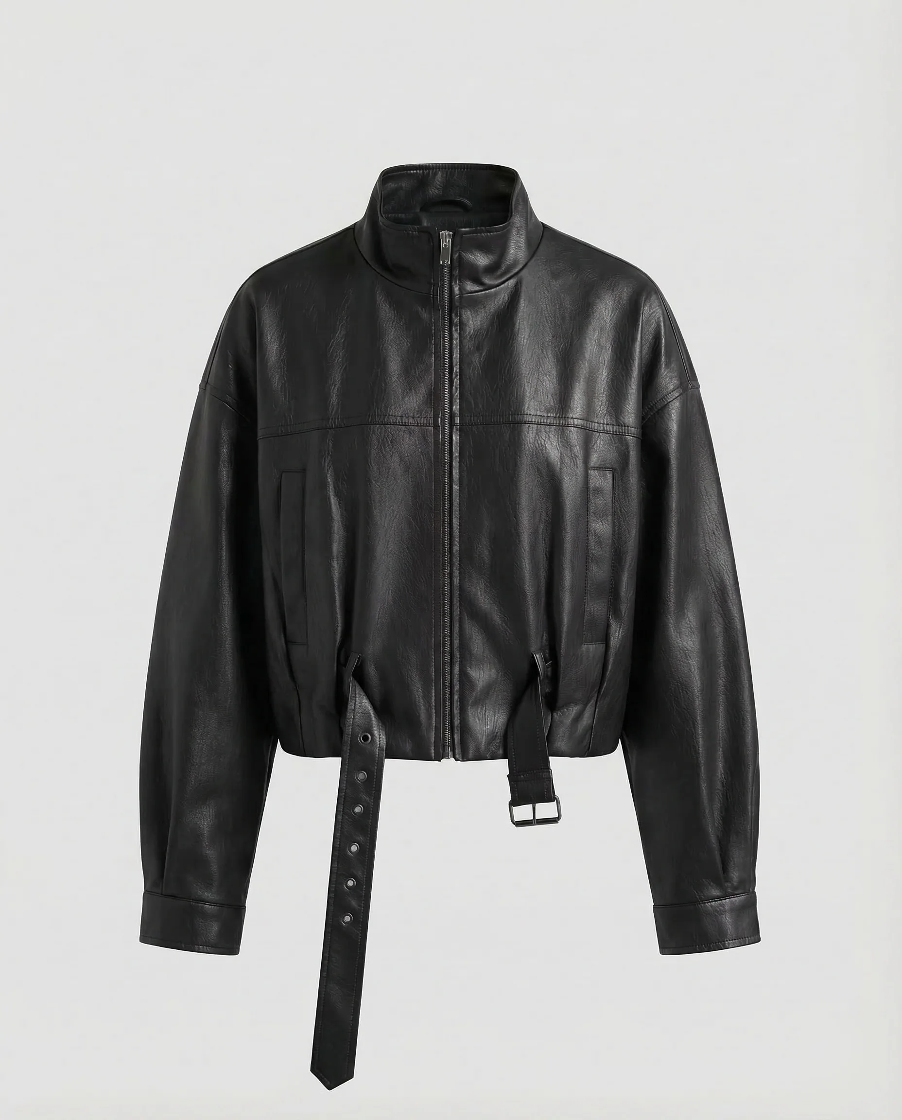 Damen Lederjacke Weit Stehkragen Gürtel - Image 7