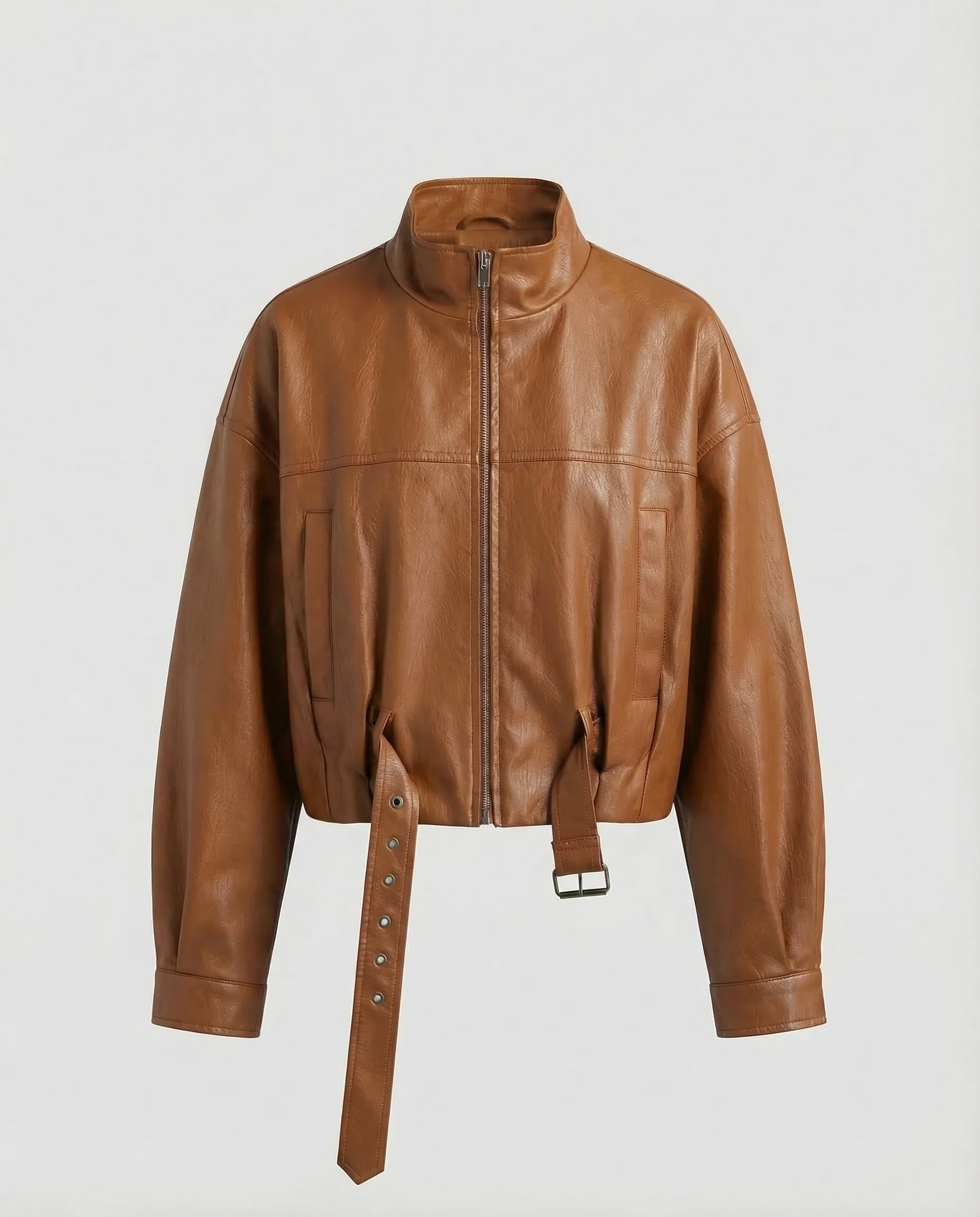 Damen Lederjacke Weit Stehkragen Gürtel - Image 8