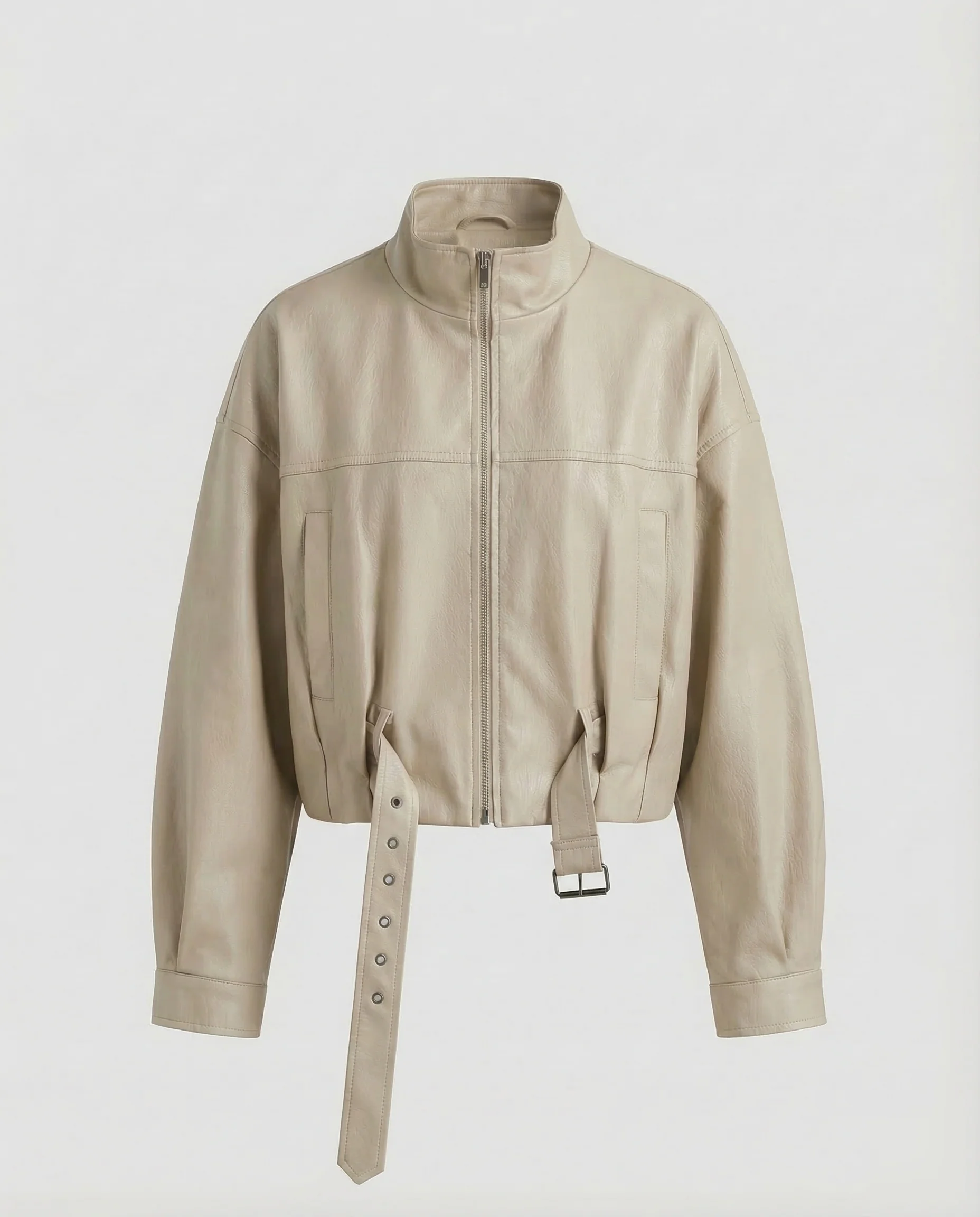 Damen Lederjacke Weit Stehkragen Gürtel - Image 9