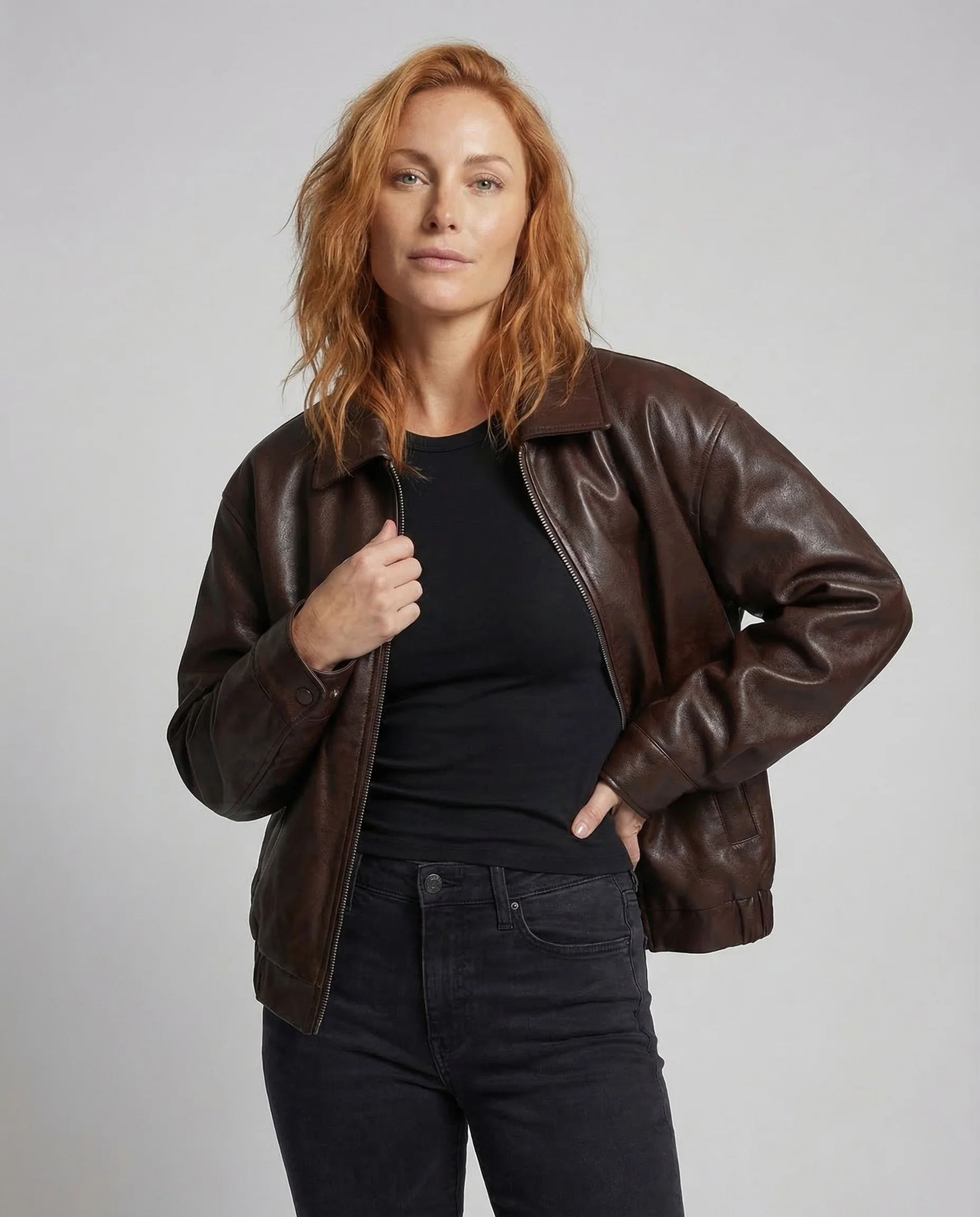 Damen Lederoptik Jacke Oversize Hemdkragen - Image 2