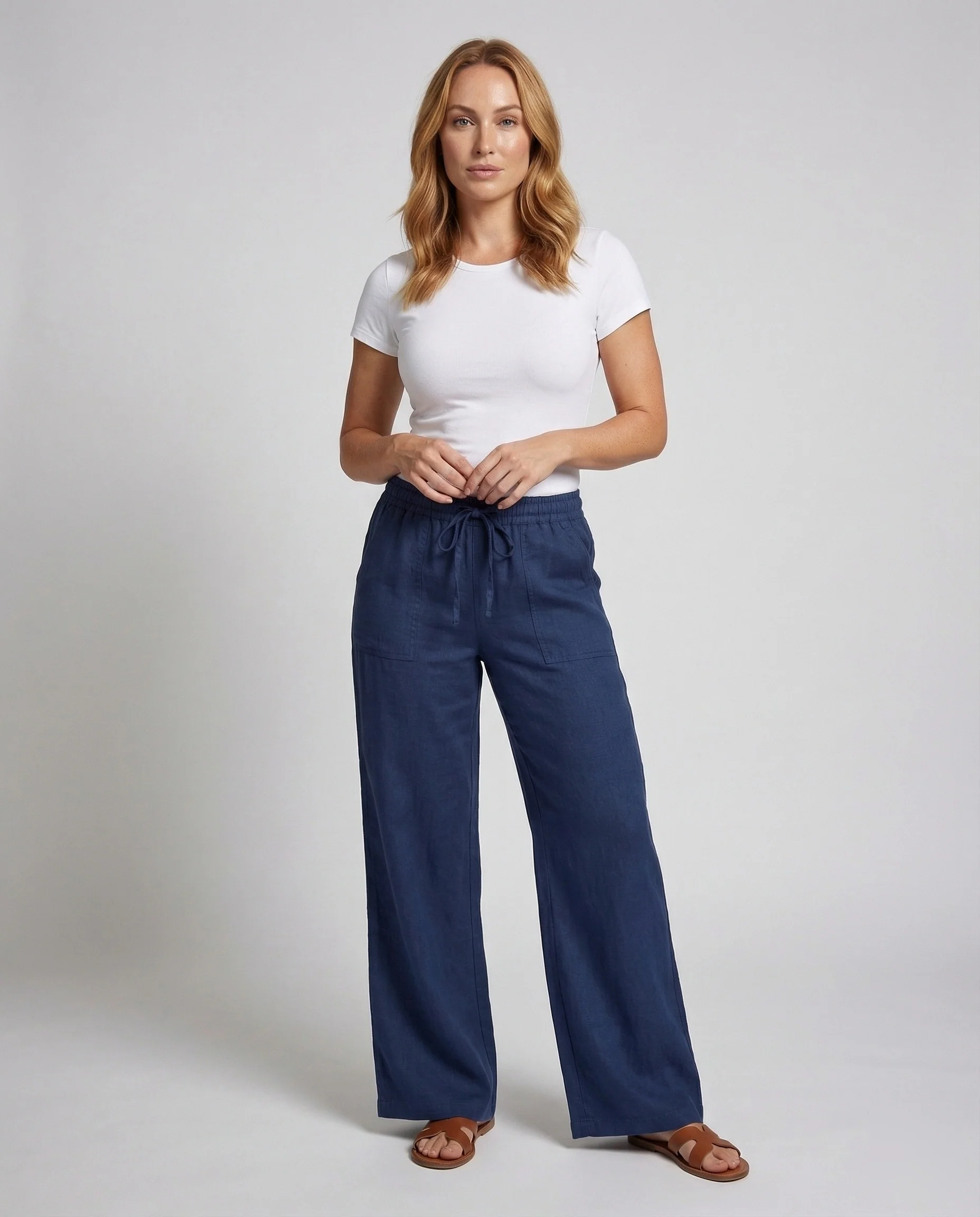 Damen Leinenhose Weit Tunnelzug