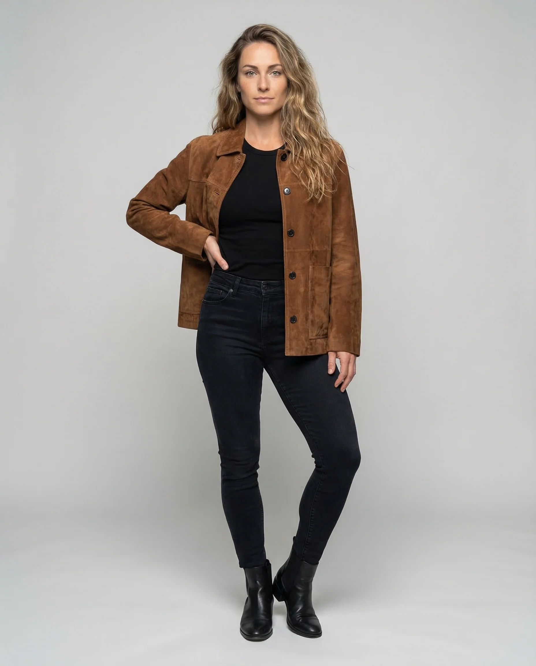 Damen Wildlederjacke Oversize Hemdkragen