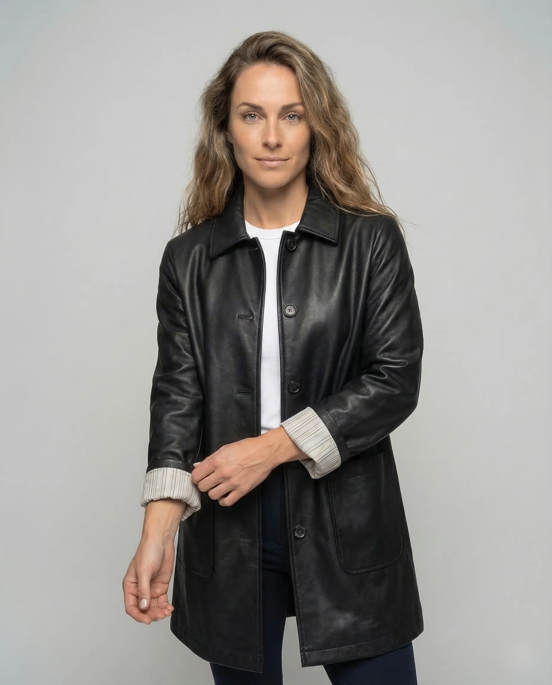 Damen Kunstledermantel Oversize Hemdkragen - Image 2