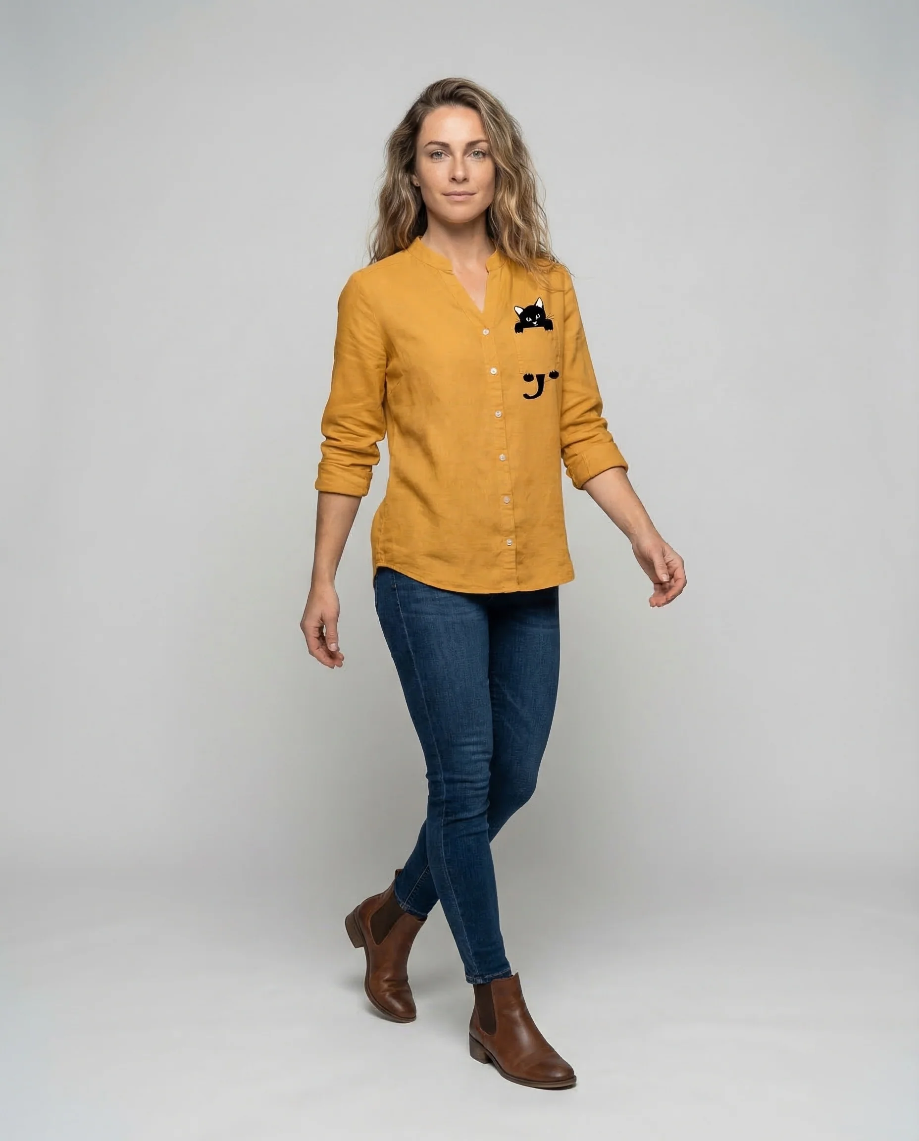 Damen Weite Hemdbluse Katzenmotiv