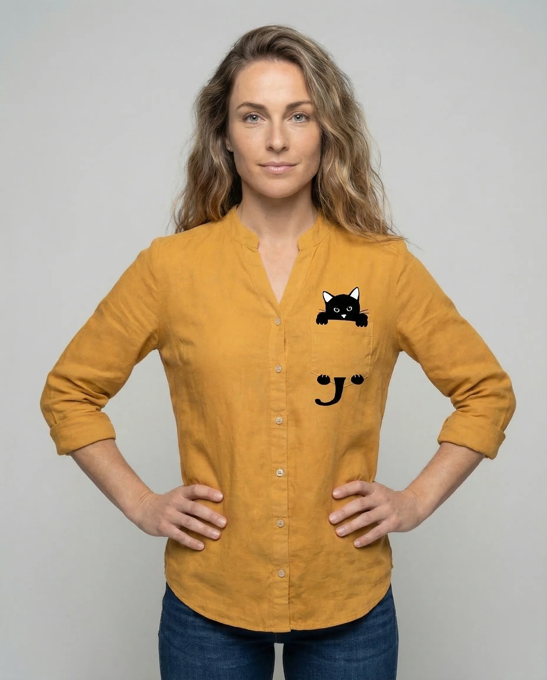 Damen Weite Hemdbluse Katzenmotiv - Image 2
