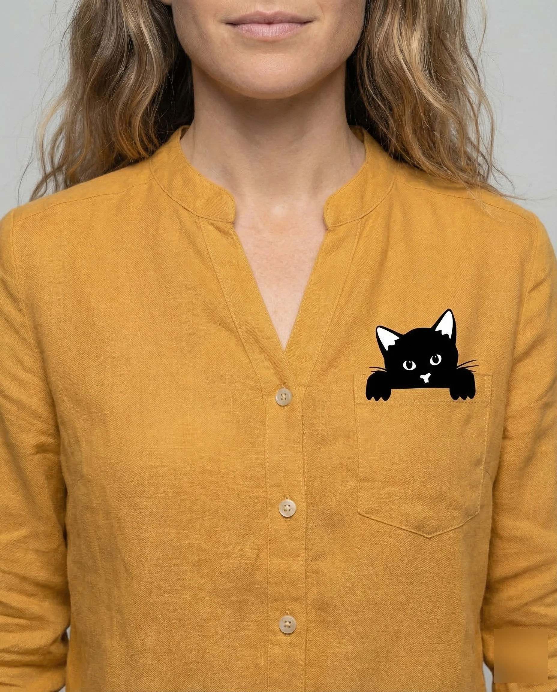 Damen Weite Hemdbluse Katzenmotiv - Image 3