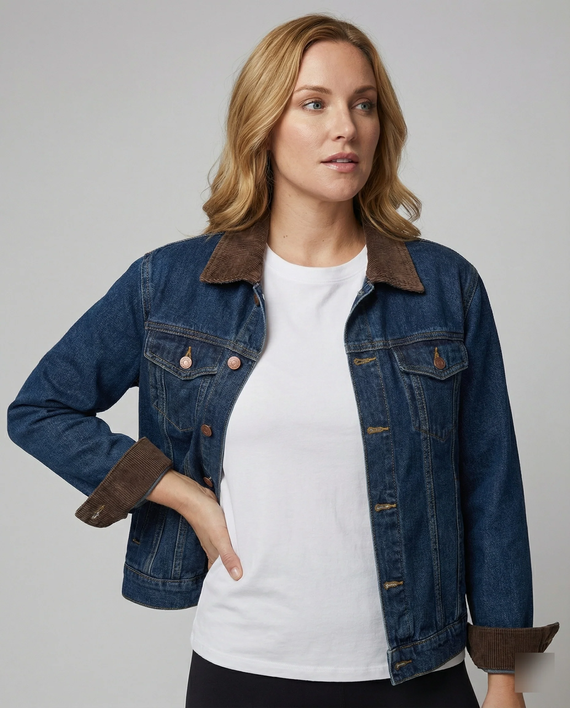 Weite Jeansjacke mit Cordkragen, Druckknopfverschluss und legerer Silhouette Heidi-Mode - Image 2