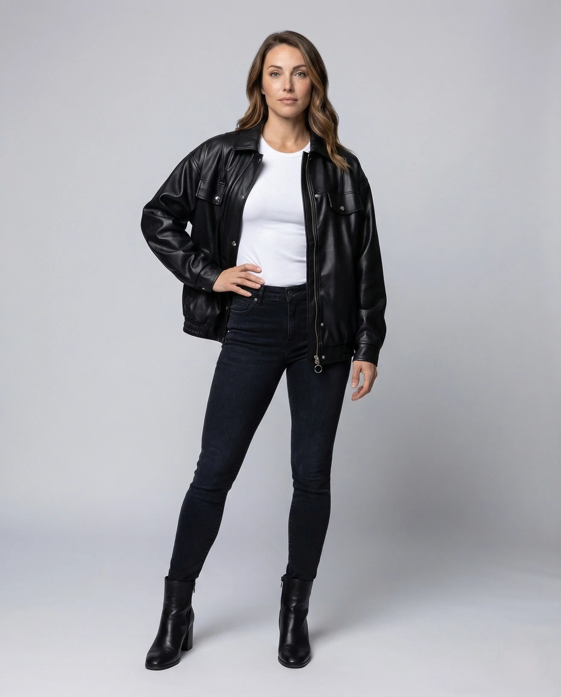 Damen Kunstlederjacke Weit Reißverschluss Elastischer Bund