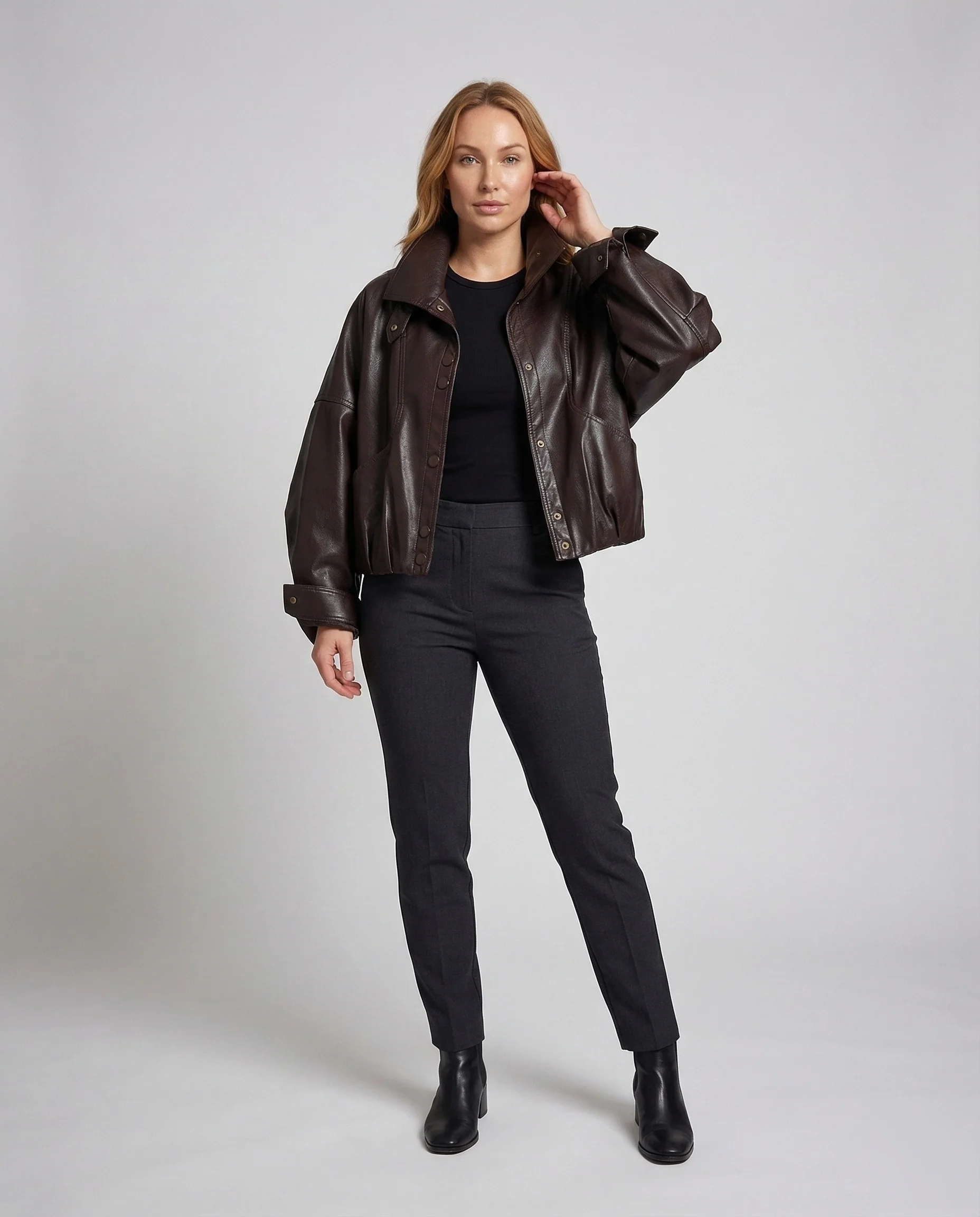 Damen Leder Bomberjacke Stehkragen