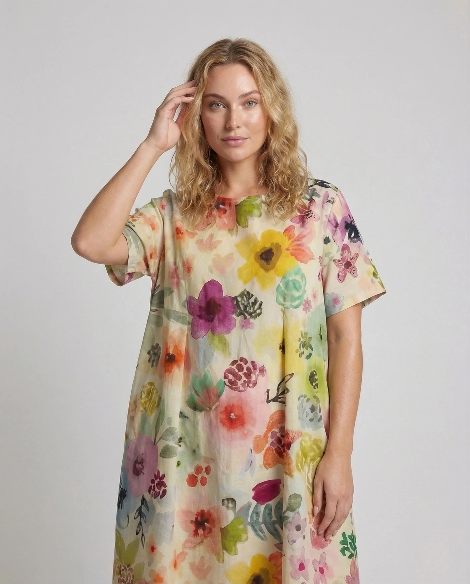 Damen Leinen Kaftankleid Blumen - Image 2