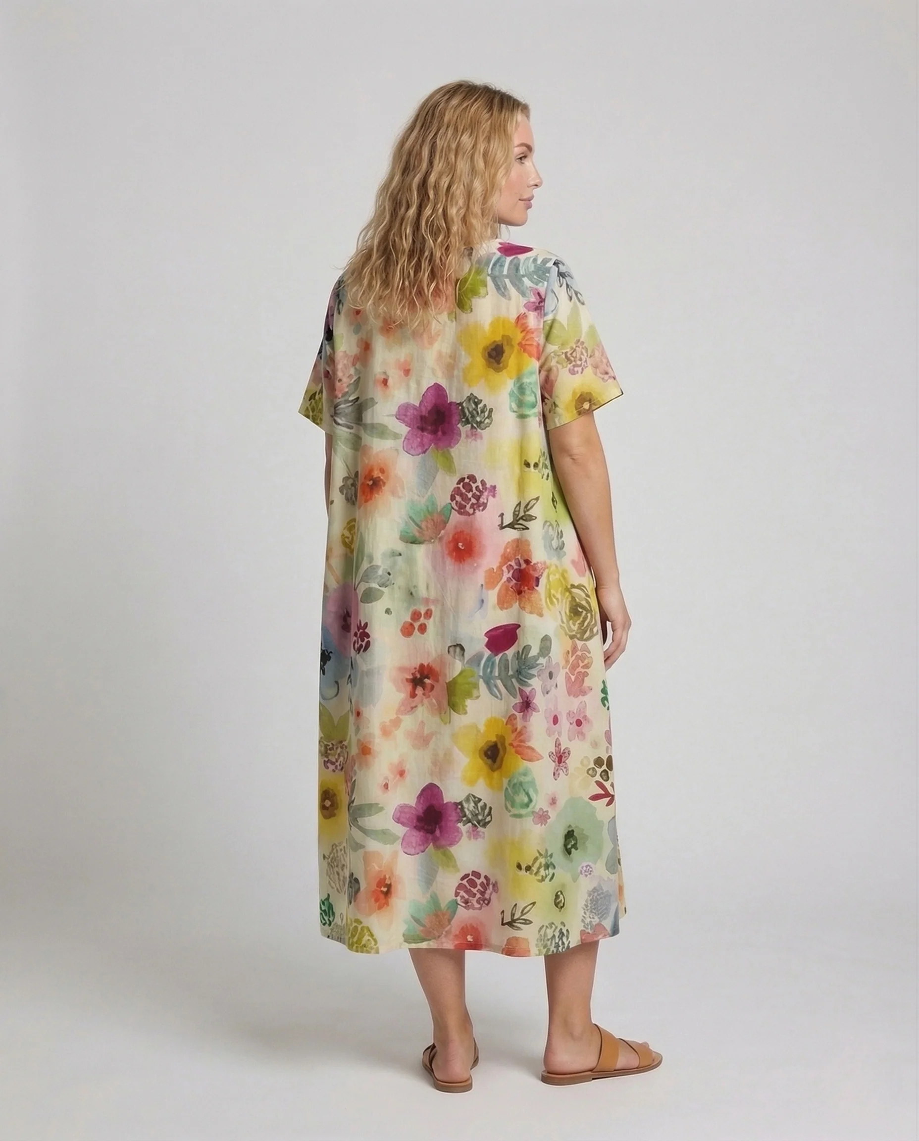Damen Leinen Kaftankleid Blumen - Image 4