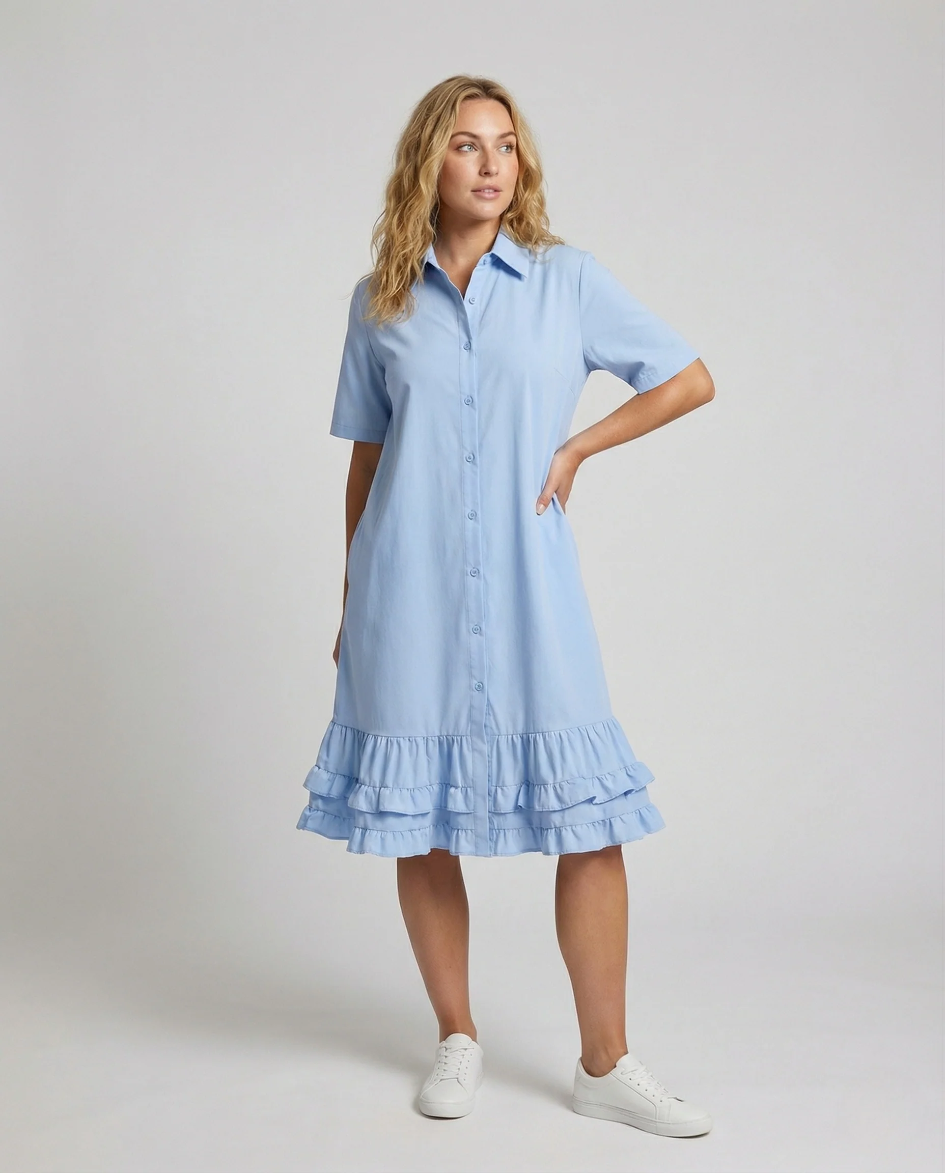 Damen Weites Hemdblusenkleid mit Volantsaum