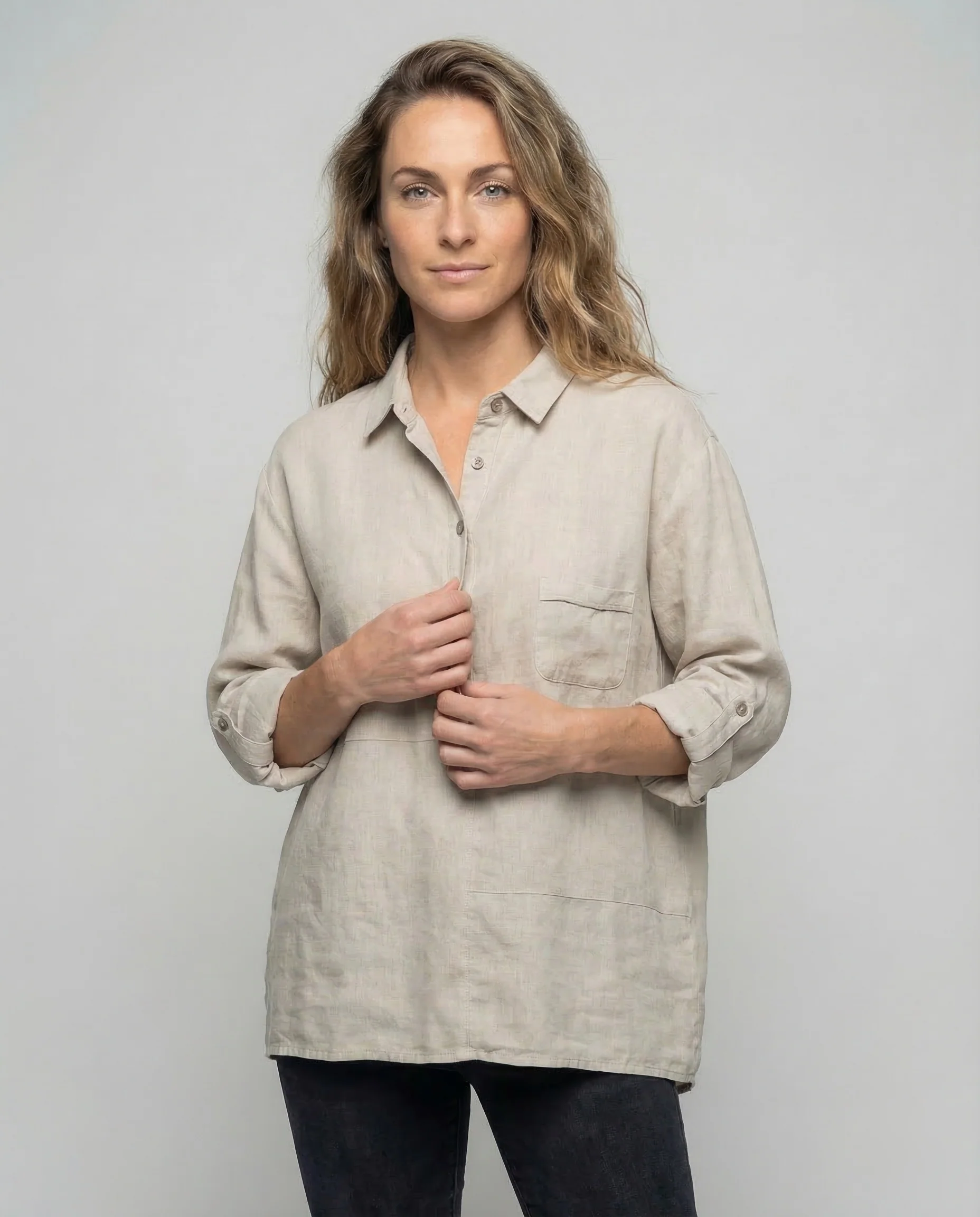 Damen Leinen-Tunikahemd Stehkragen - Image 2