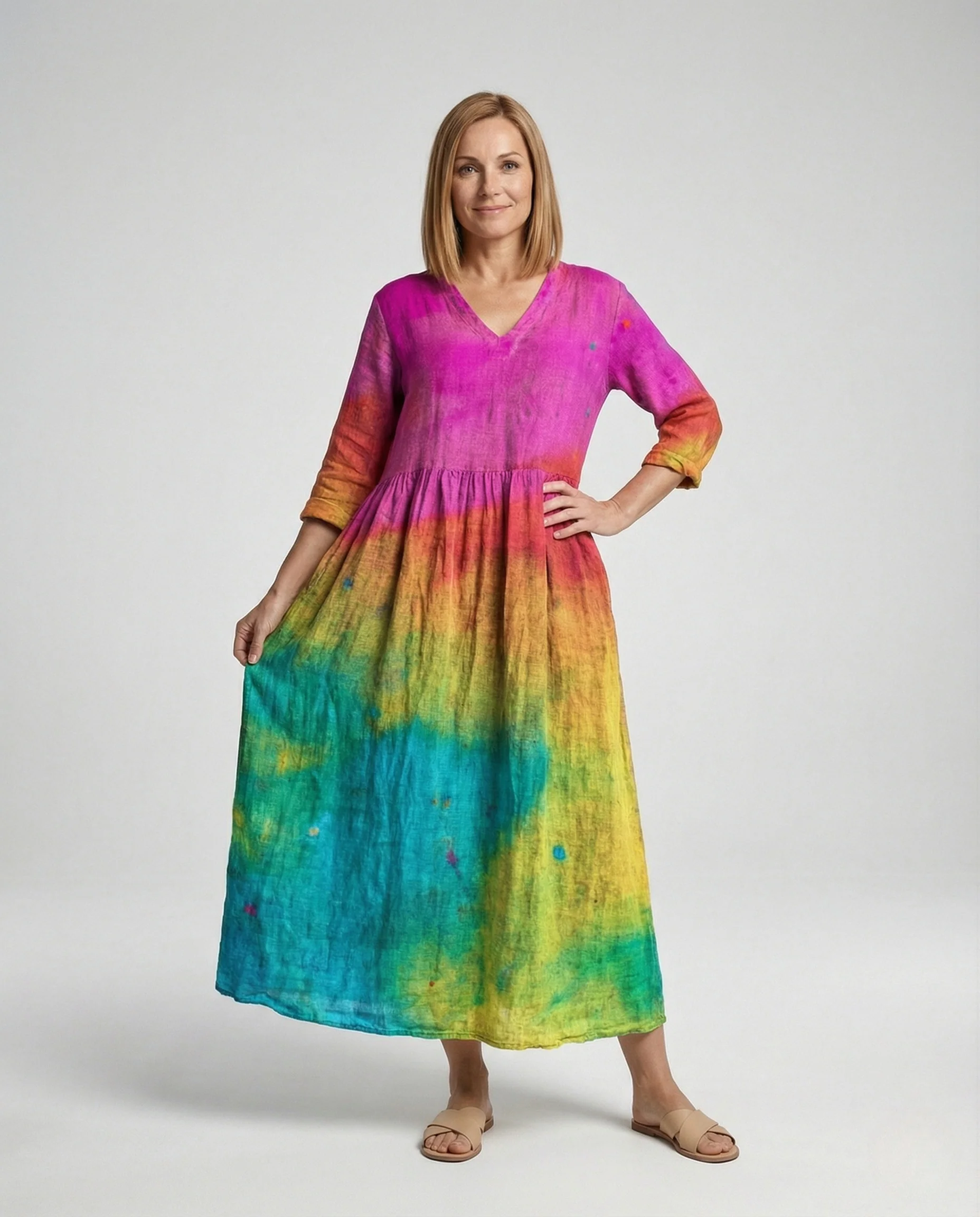 Weites Maxikleid Leinenoptik Damen
