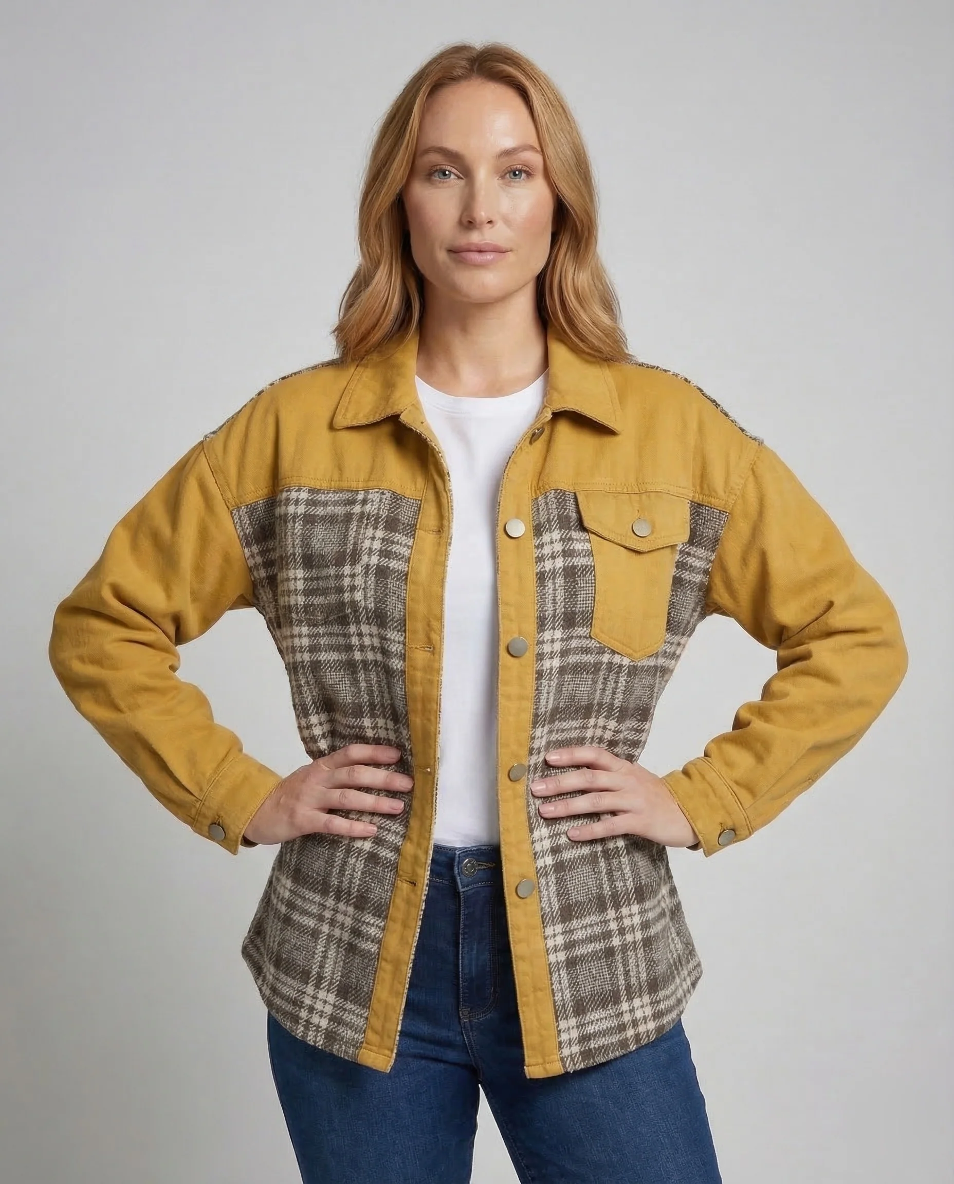 Damen Jeansjacke Oversize Karoeinsätze - Image 2