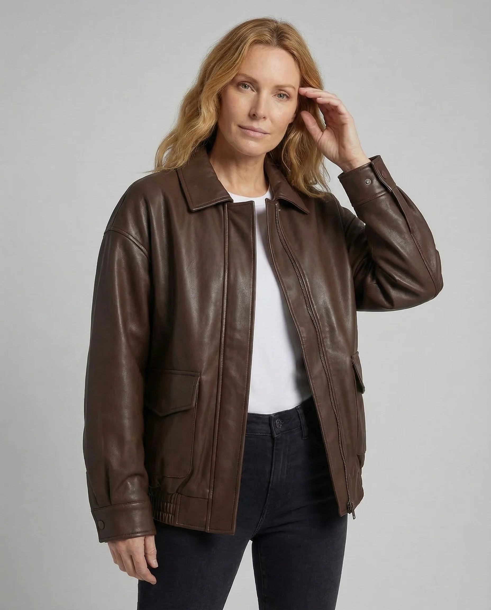 Damen Lederjacke Oversize Hemdkragen - Image 2