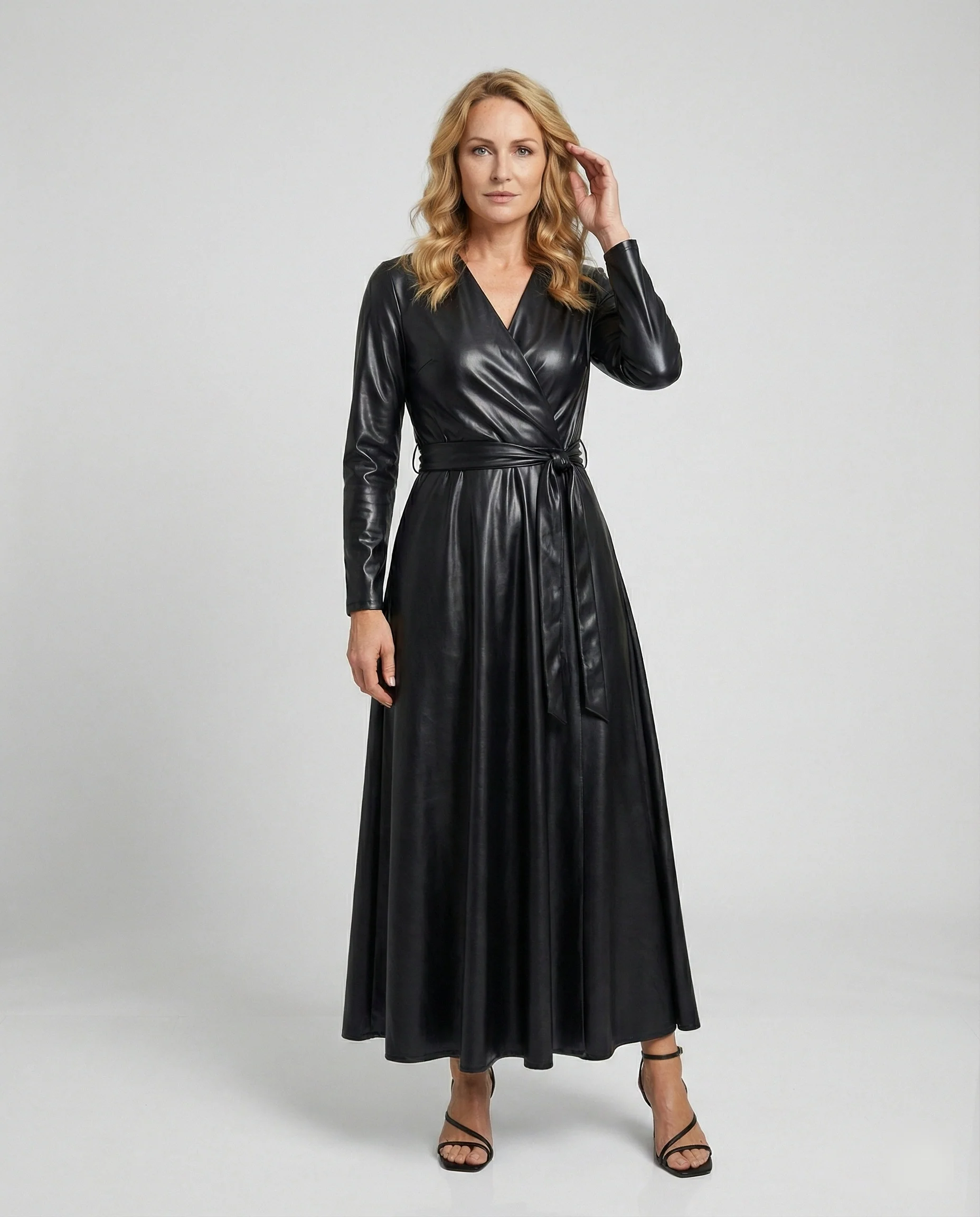 Damen Maxikleid Kunstleder Wickeloptik