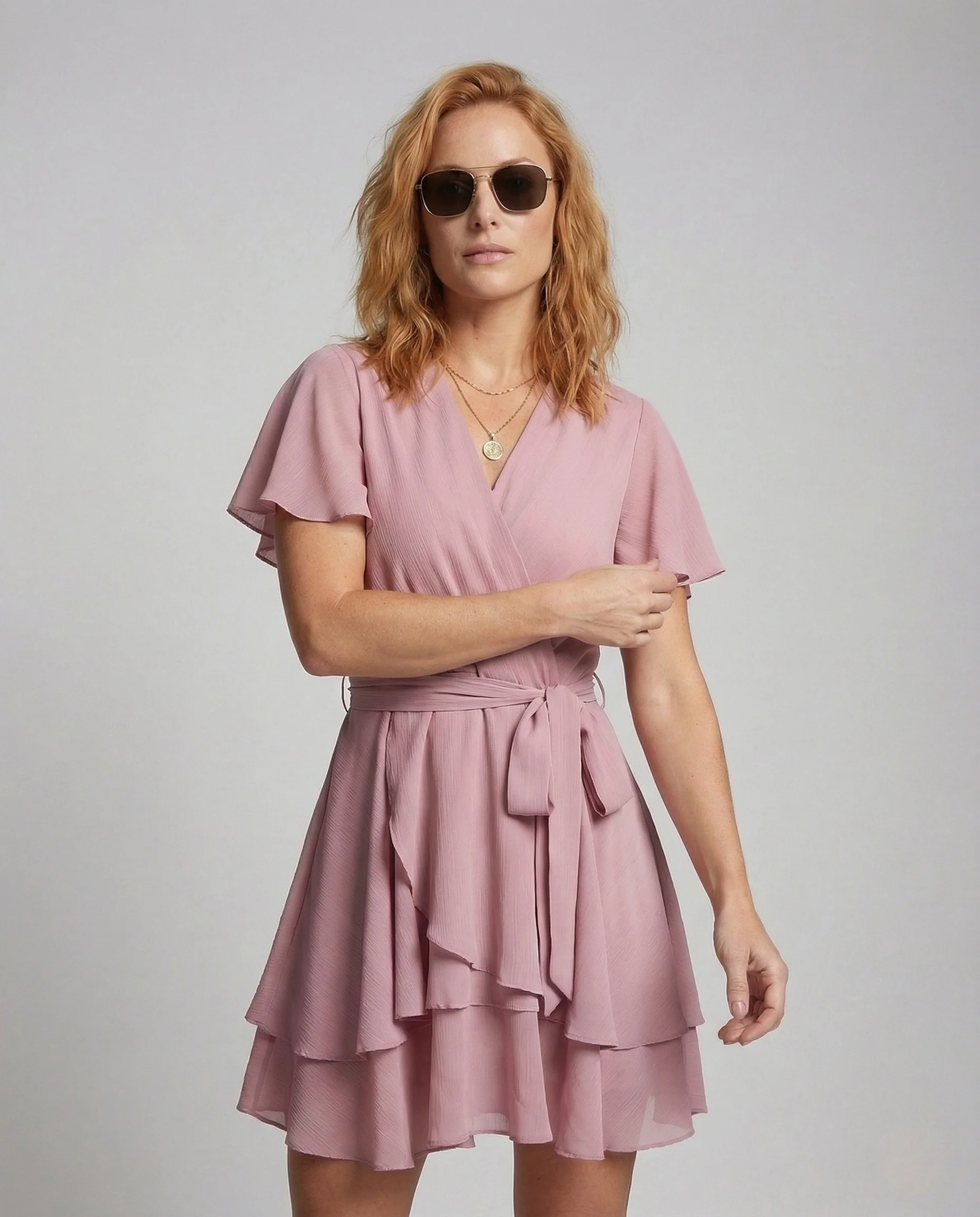 Damen Chiffon Wickelkleid mit Stufenrock