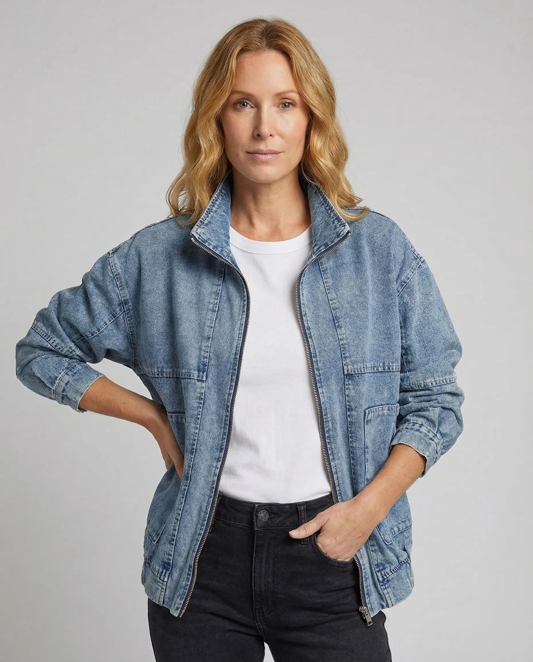 Damen Workwear-Denim-Blouson Reißverschluss - Image 2