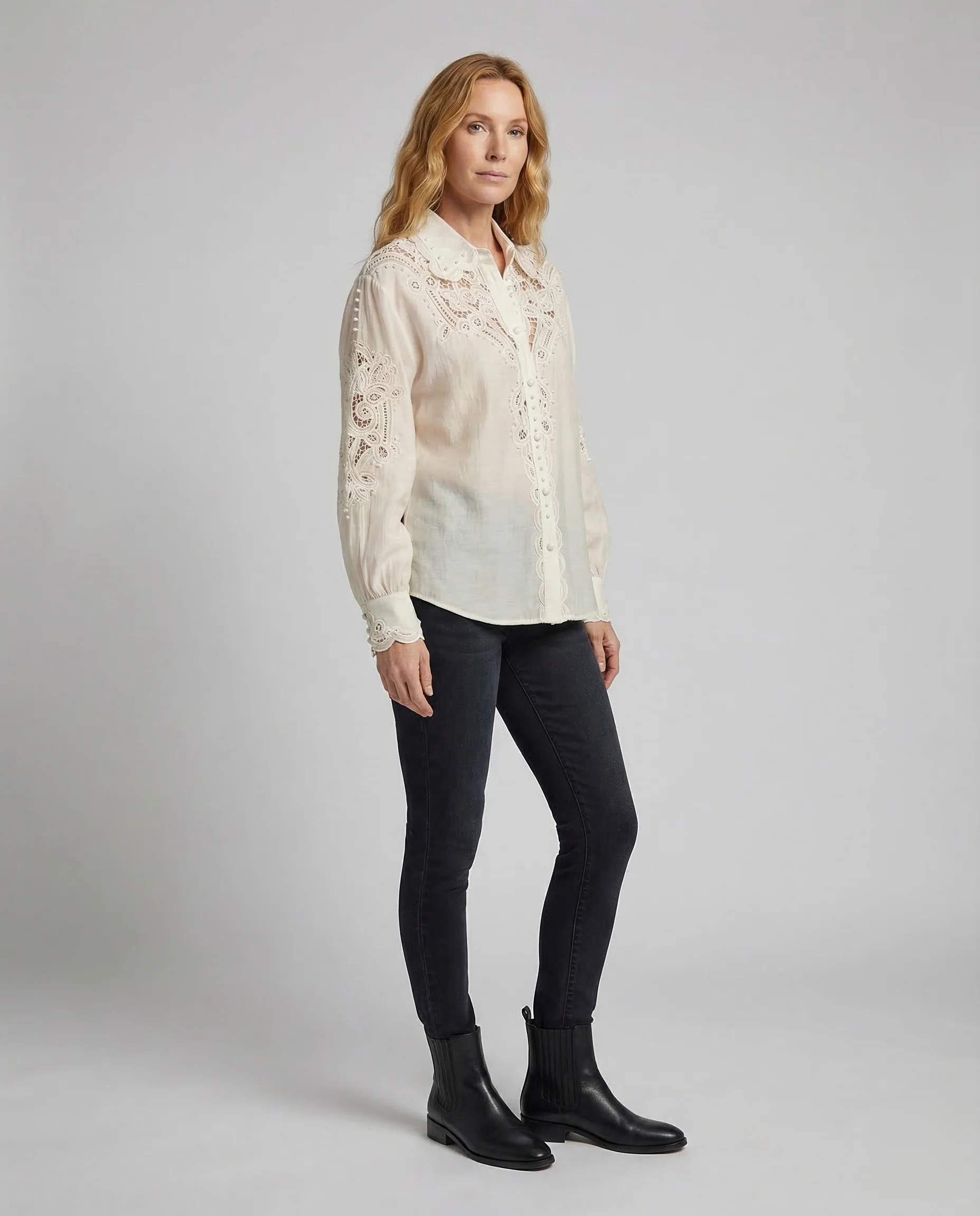 Damen Spitzenbluse Perlenknopfleiste