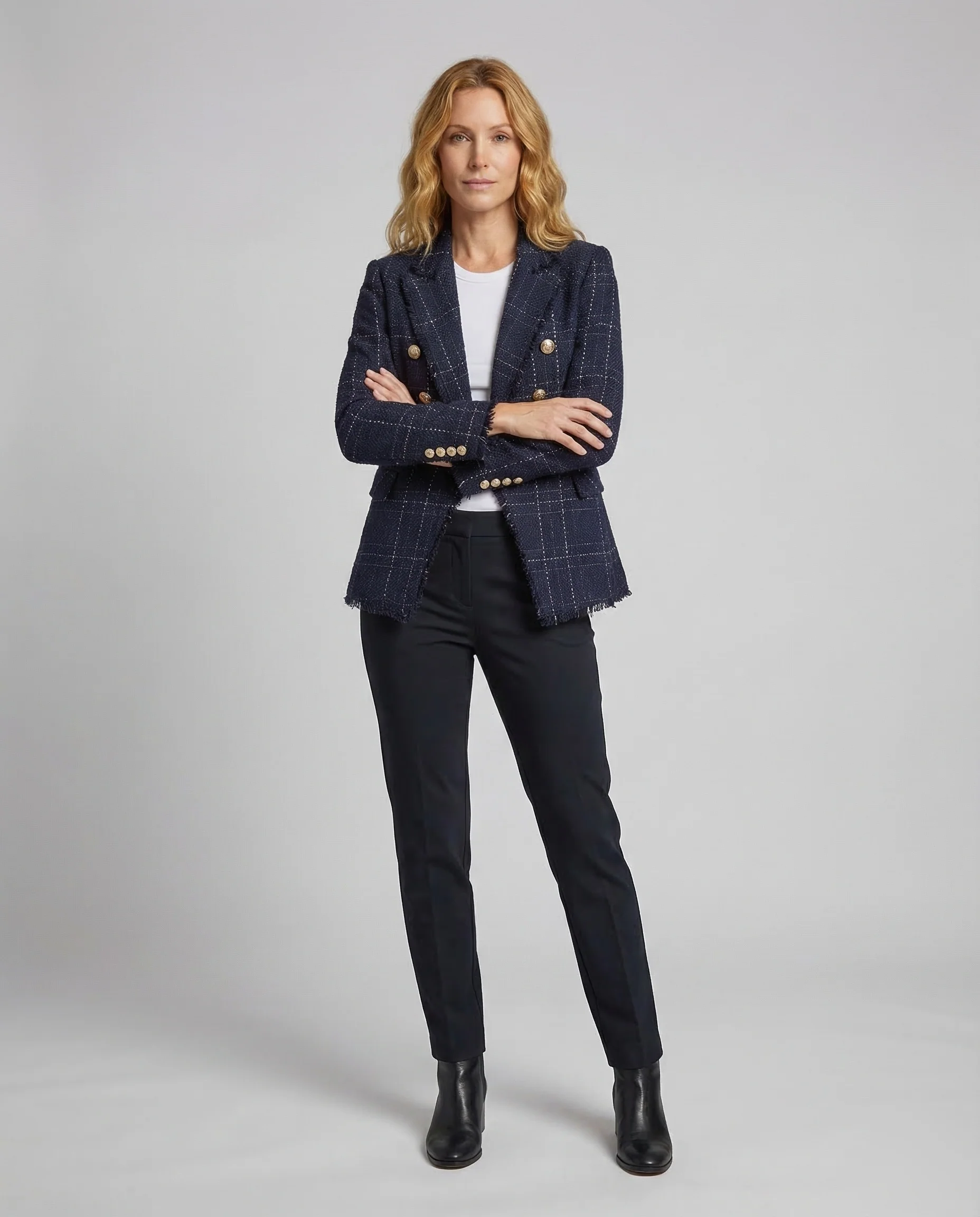Damen Bouclé-Blazer Metallknöpfe