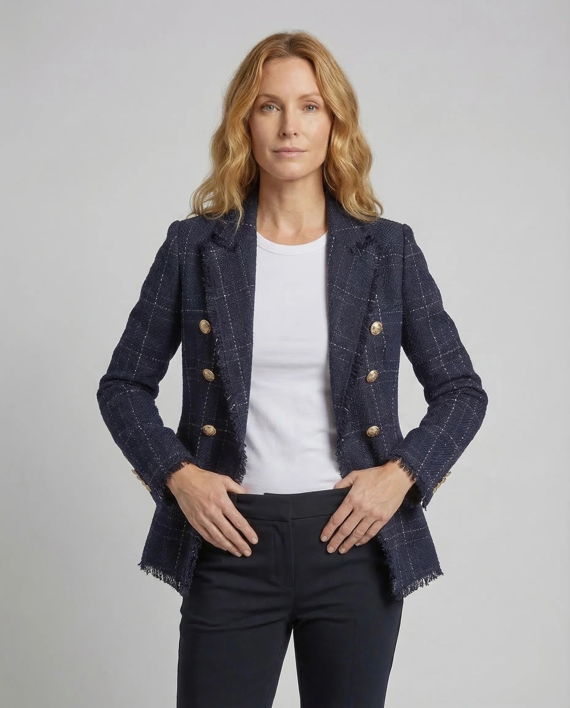 Damen Bouclé-Blazer Metallknöpfe - Image 2
