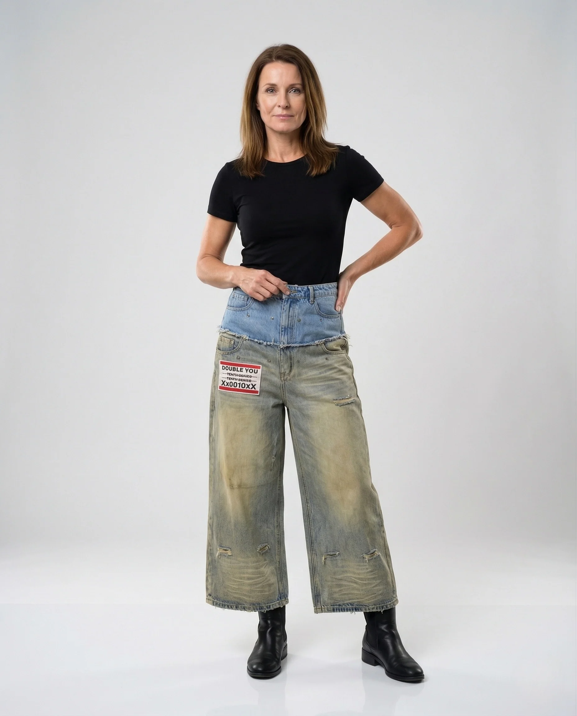 Damen Zweiteilige Jeanshose Set Hochgeschnitten mit Weitem Bein