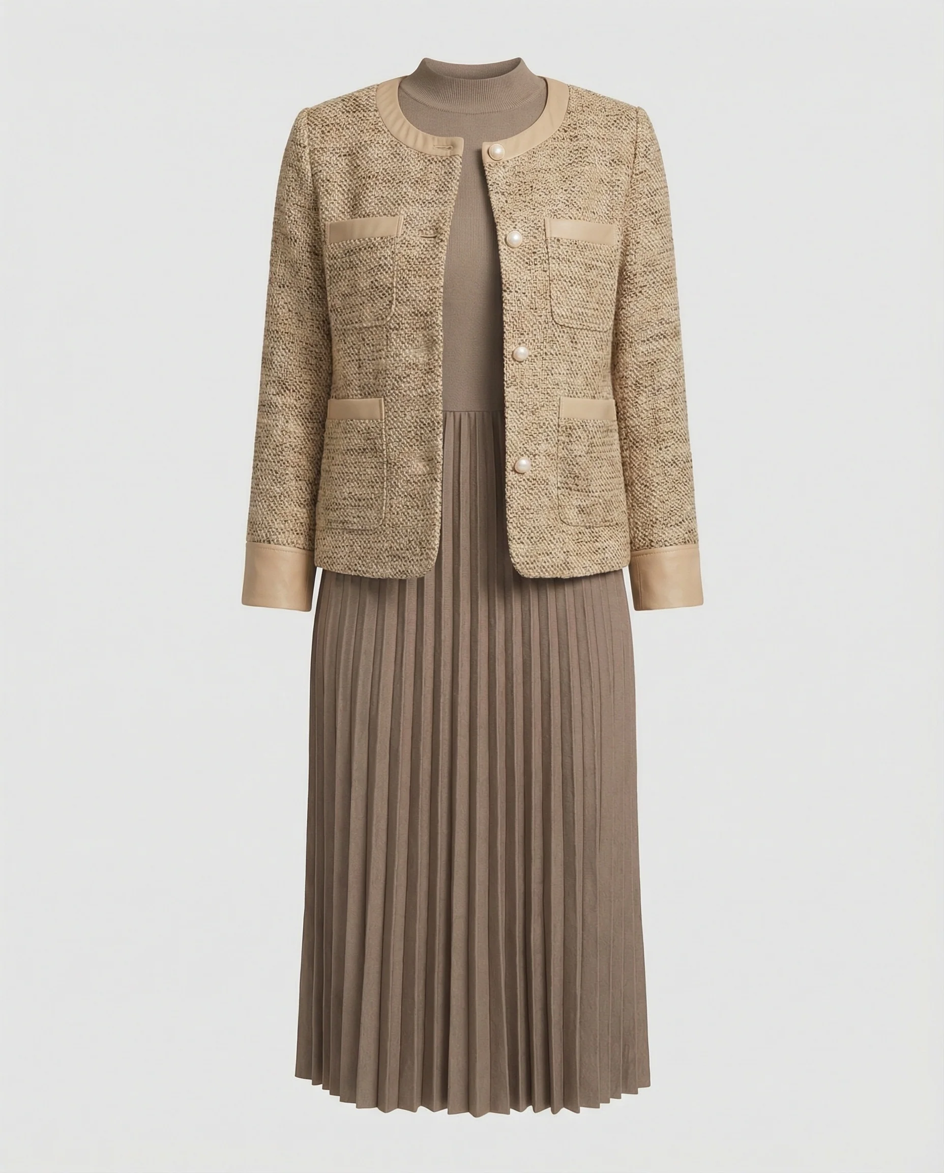 Zweiteiliges Ensemble Boucléjacke mit Rundhalsausschnitt und plissiertem Midikleid - Image 5