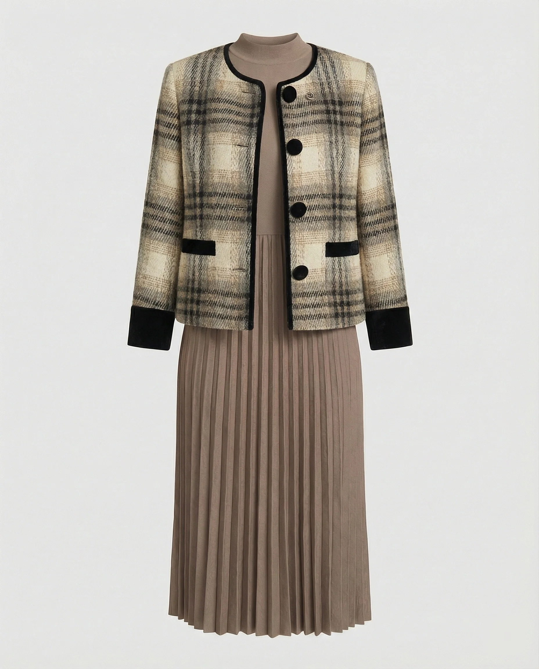 Zweiteiliges Ensemble Boucléjacke mit Rundhalsausschnitt und plissiertem Midikleid - Image 7