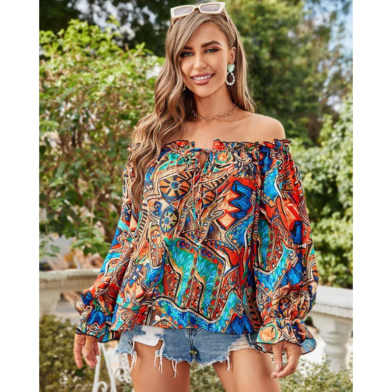 Damen Off-Shoulder Bluse mit Buntem Muster und Elastischem Saum Heidi-Mode - Image 2