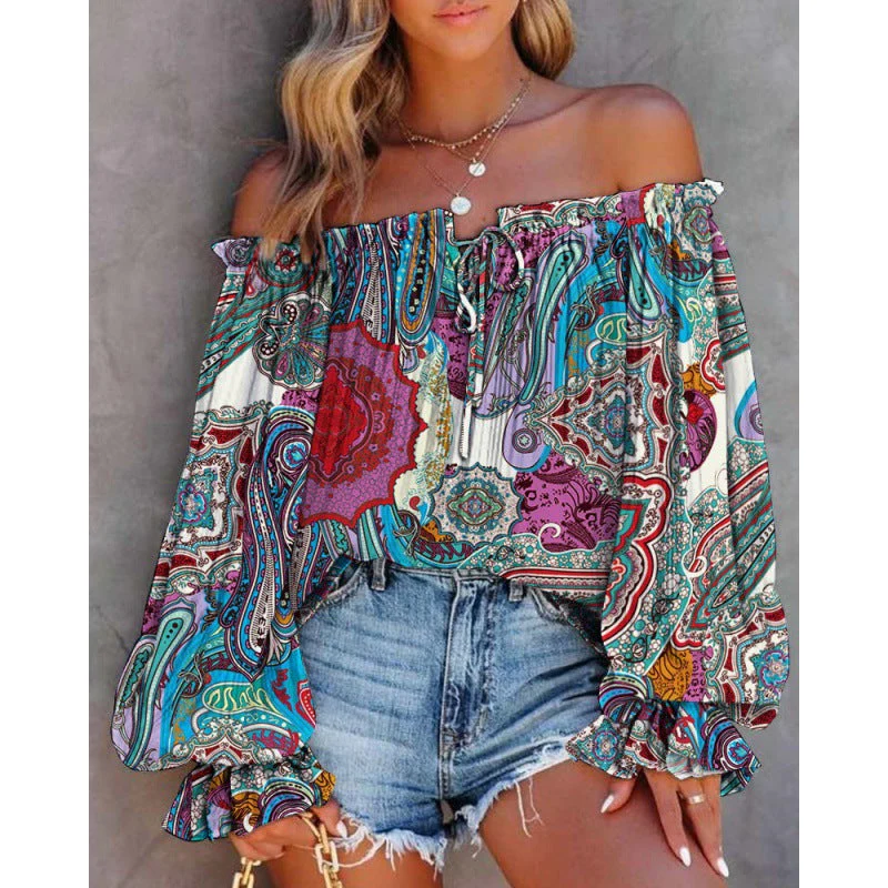 Damen Off-Shoulder Bluse mit Buntem Muster und Elastischem Saum Heidi-Mode - Image 7