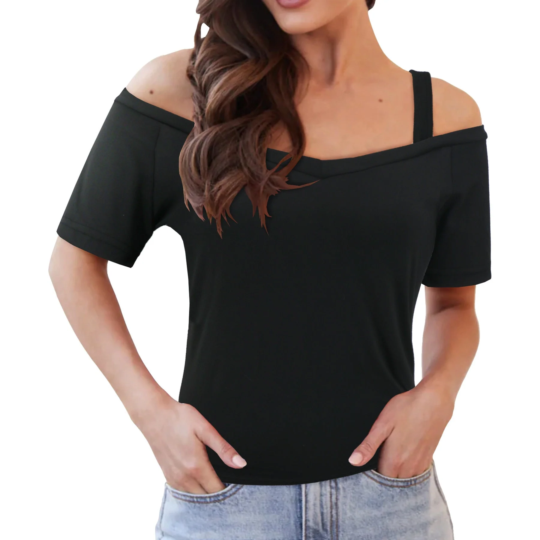Damen Off-Shoulder Oberteil mit Elastischen Trägern und V-Ausschnitt Heidi-Mode - Image 2