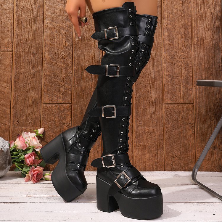 Damen Overknee Stiefel mit modischen Schnallen und hochmodernem Plateau Heidi Mode - Image 3