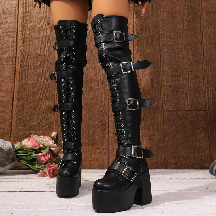 Damen Overknee Stiefel mit modischen Schnallen und hochmodernem Plateau Heidi Mode - Image 4