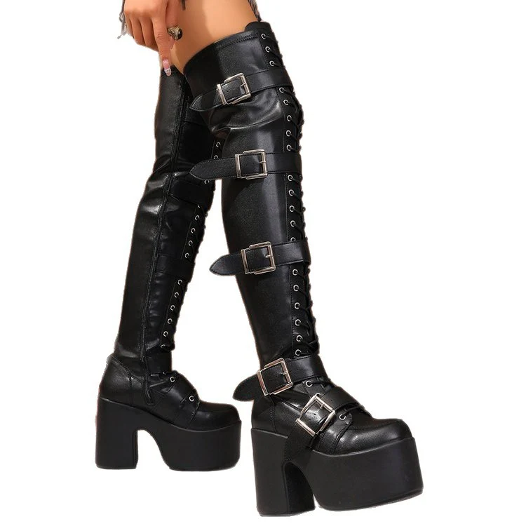 Damen Overknee Stiefel mit modischen Schnallen und hochmodernem Plateau Heidi Mode - Image 5