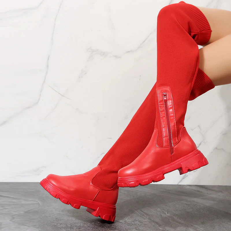 Damen Overkneestiefel mit trendigem Reißverschluss und robuster Sohle Heidi Mode