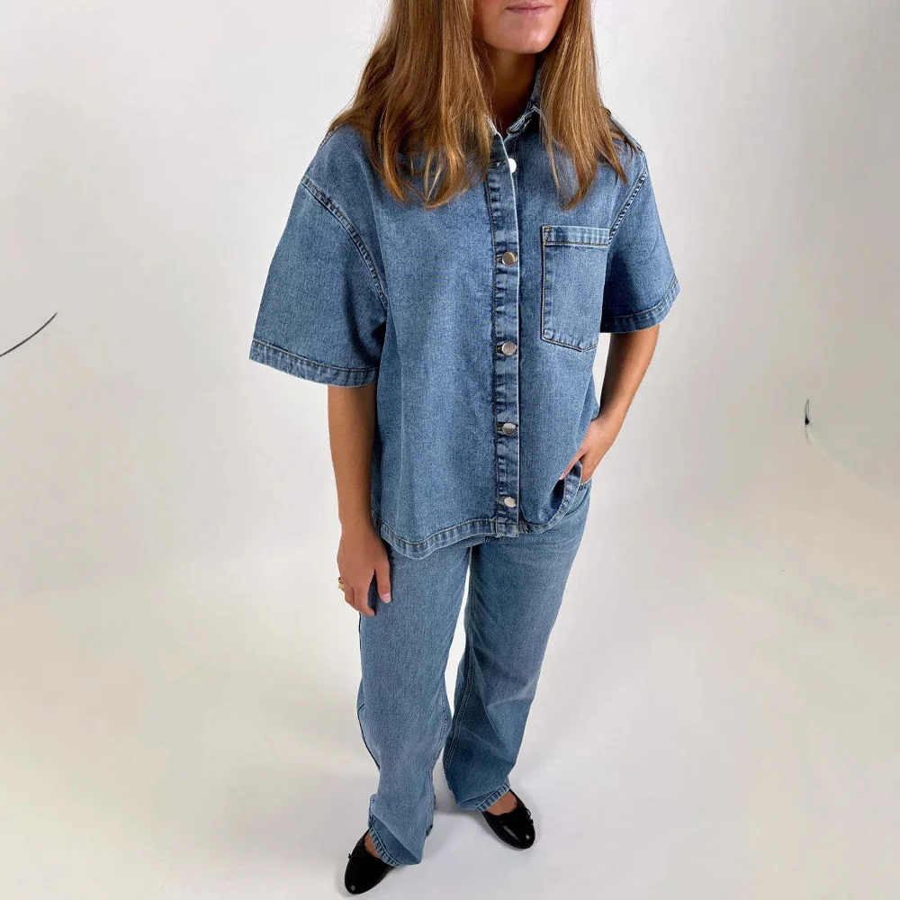 Damen Oversized Denim-Hemd mit kurzen Ärmeln und aufgesetzten Taschen Heidi-Mode - Image 2