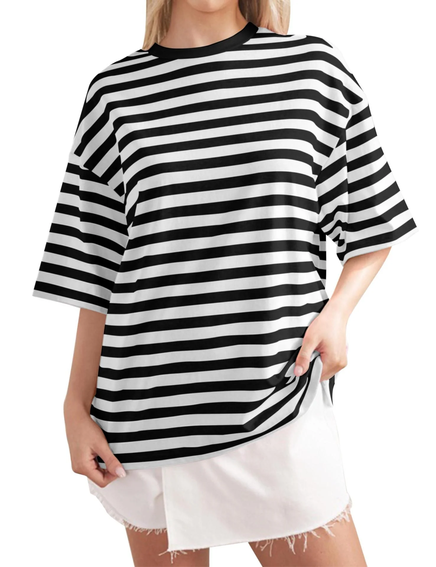 Damen Oversized Gestreiftes T-Shirt mit Rundhalsausschnitt und Kurzen Ärmeln Heidi-Mode - Image 10