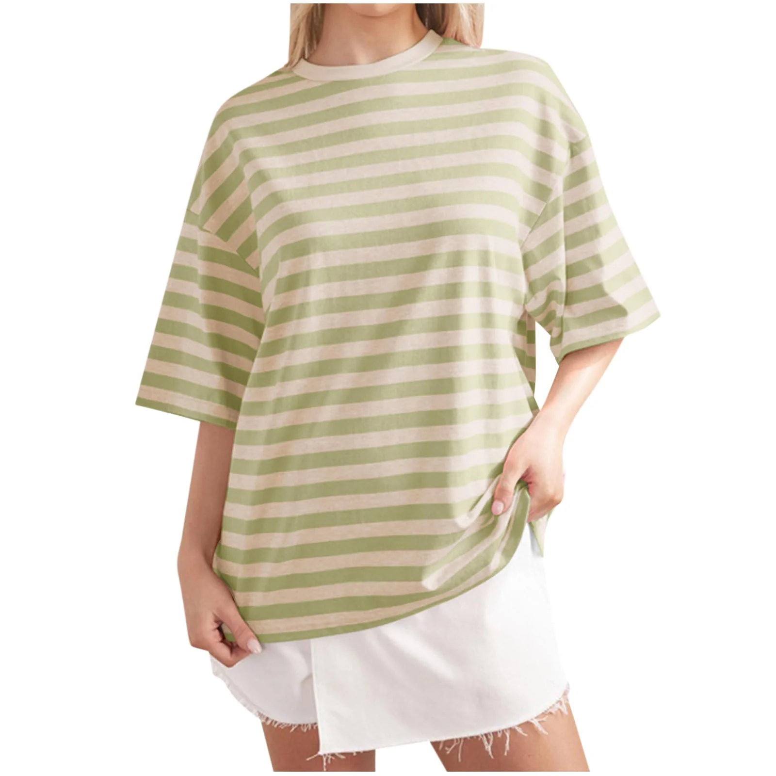 Damen Oversized Gestreiftes T-Shirt mit Rundhalsausschnitt und Kurzen Ärmeln Heidi-Mode - Image 12