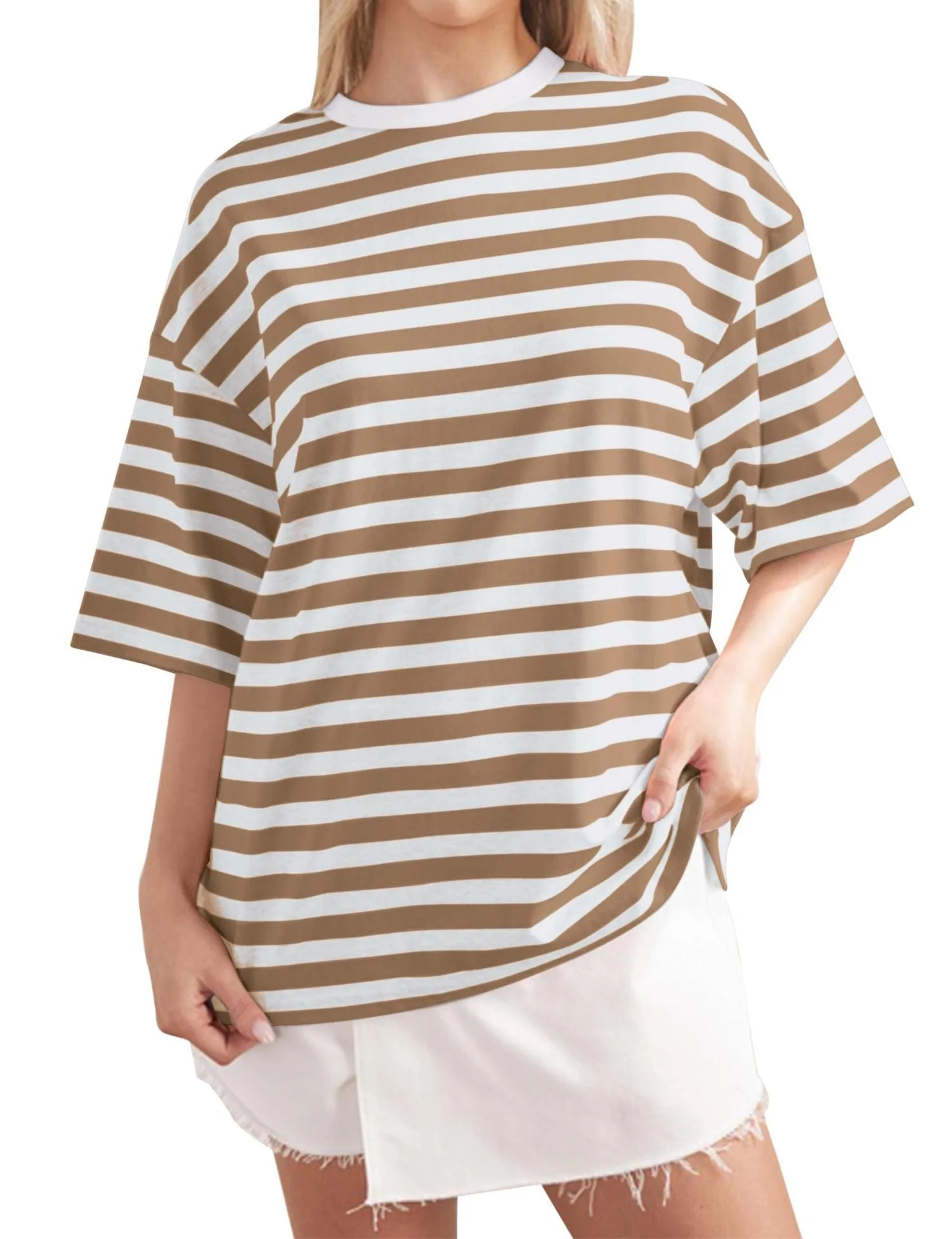 Damen Oversized Gestreiftes T-Shirt mit Rundhalsausschnitt und Kurzen Ärmeln Heidi-Mode - Image 14