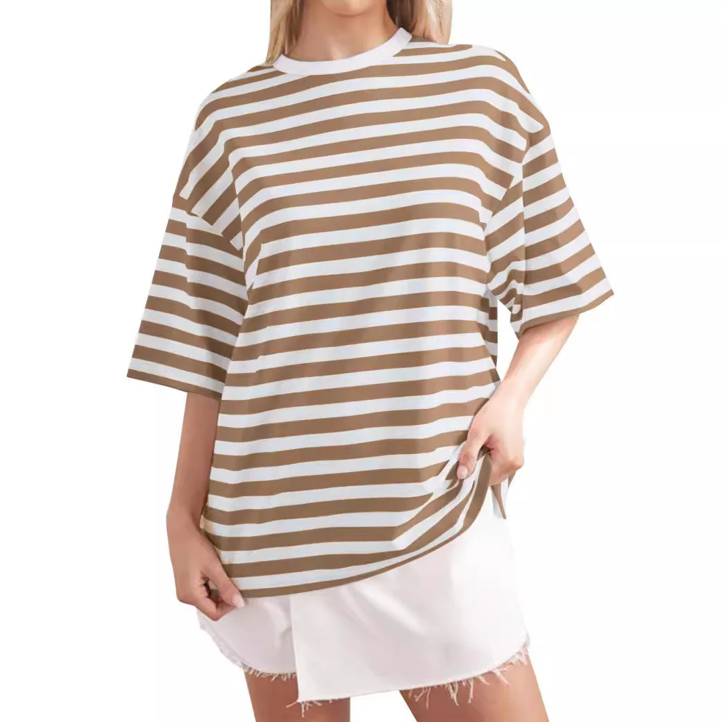 Damen Oversized Gestreiftes T-Shirt mit Rundhalsausschnitt und Kurzen Ärmeln Heidi-Mode - Image 3