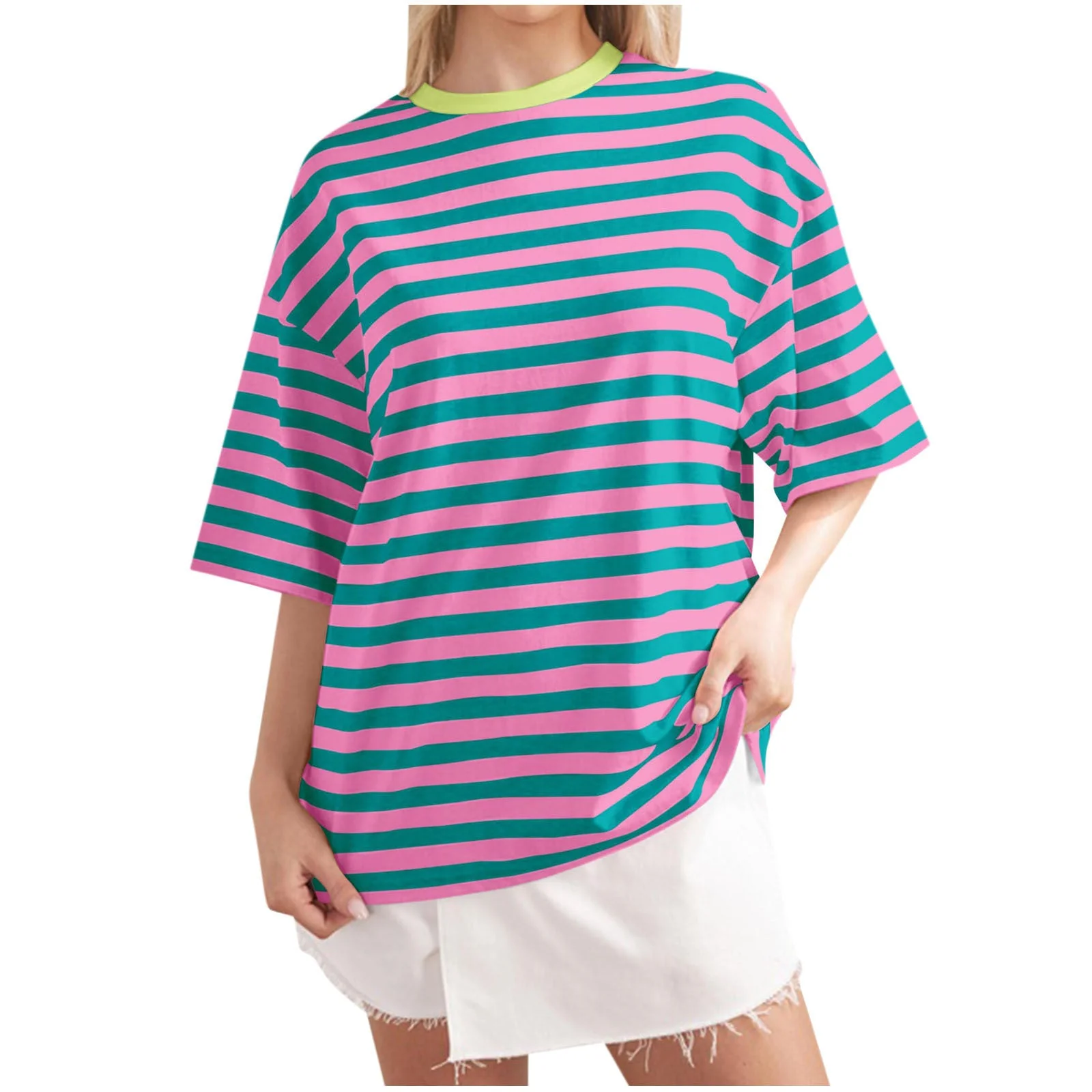 Damen Oversized Gestreiftes T-Shirt mit Rundhalsausschnitt und Kurzen Ärmeln Heidi-Mode - Image 4
