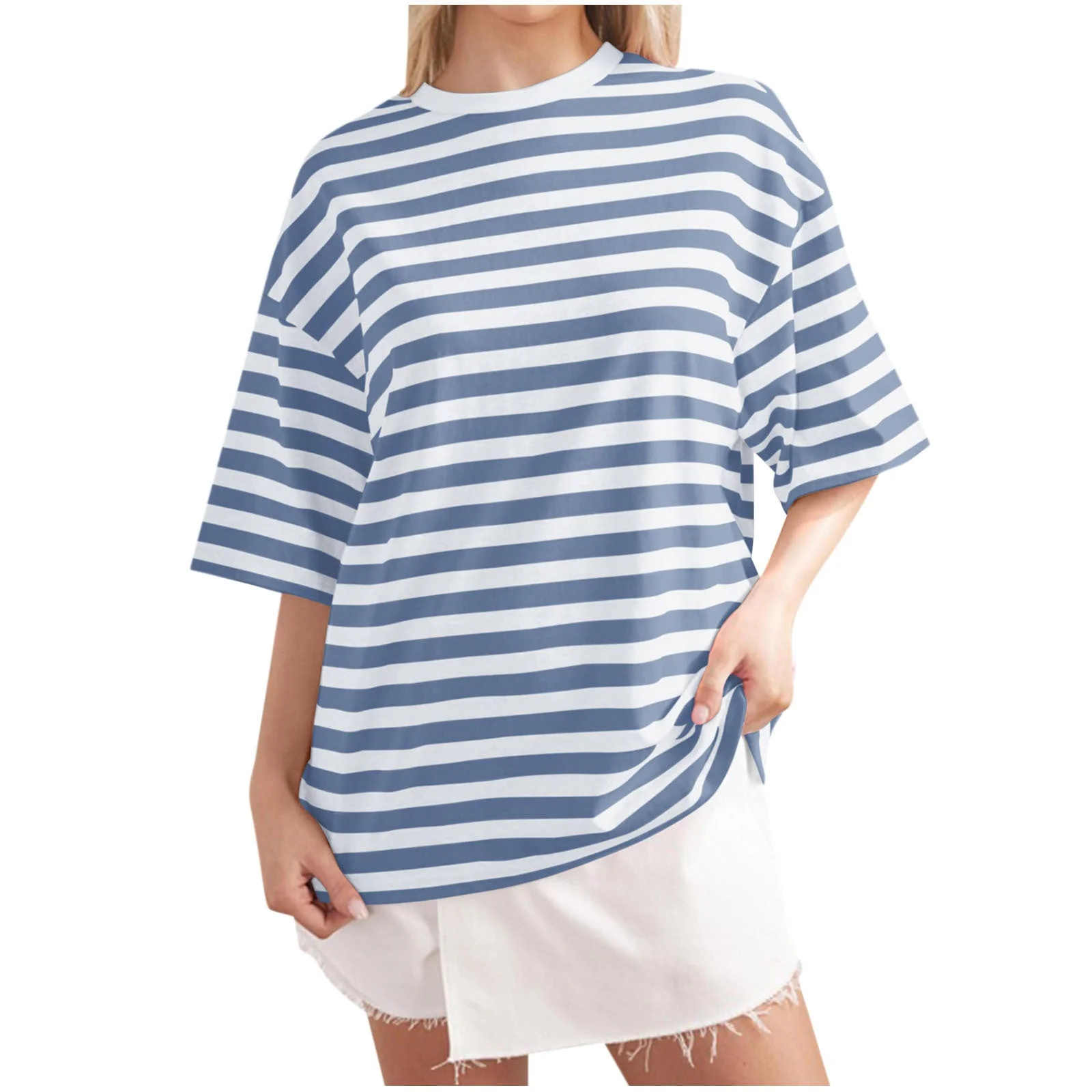 Damen Oversized Gestreiftes T-Shirt mit Rundhalsausschnitt und Kurzen Ärmeln Heidi-Mode - Image 6