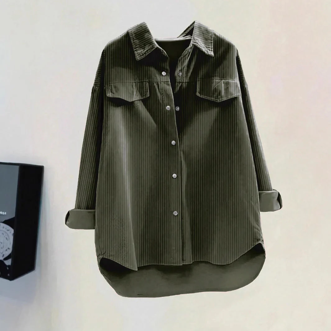 Damen Oversized Hemd Aus Rippstoff mit Brusttaschen und Schickem Kragen Heidi-Mode