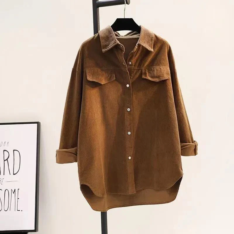 Damen Oversized Hemd Aus Rippstoff mit Brusttaschen und Schickem Kragen Heidi-Mode - Image 12