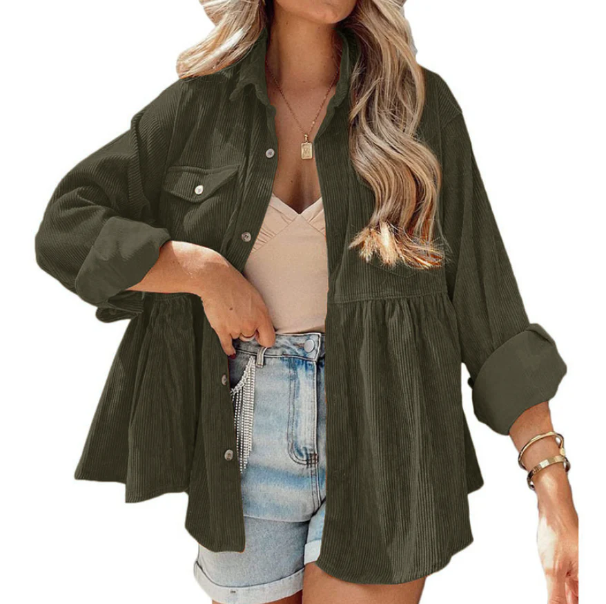 Damen Oversized Hemd Aus Rippstoff mit Brusttaschen und Schickem Kragen Heidi-Mode - Image 7