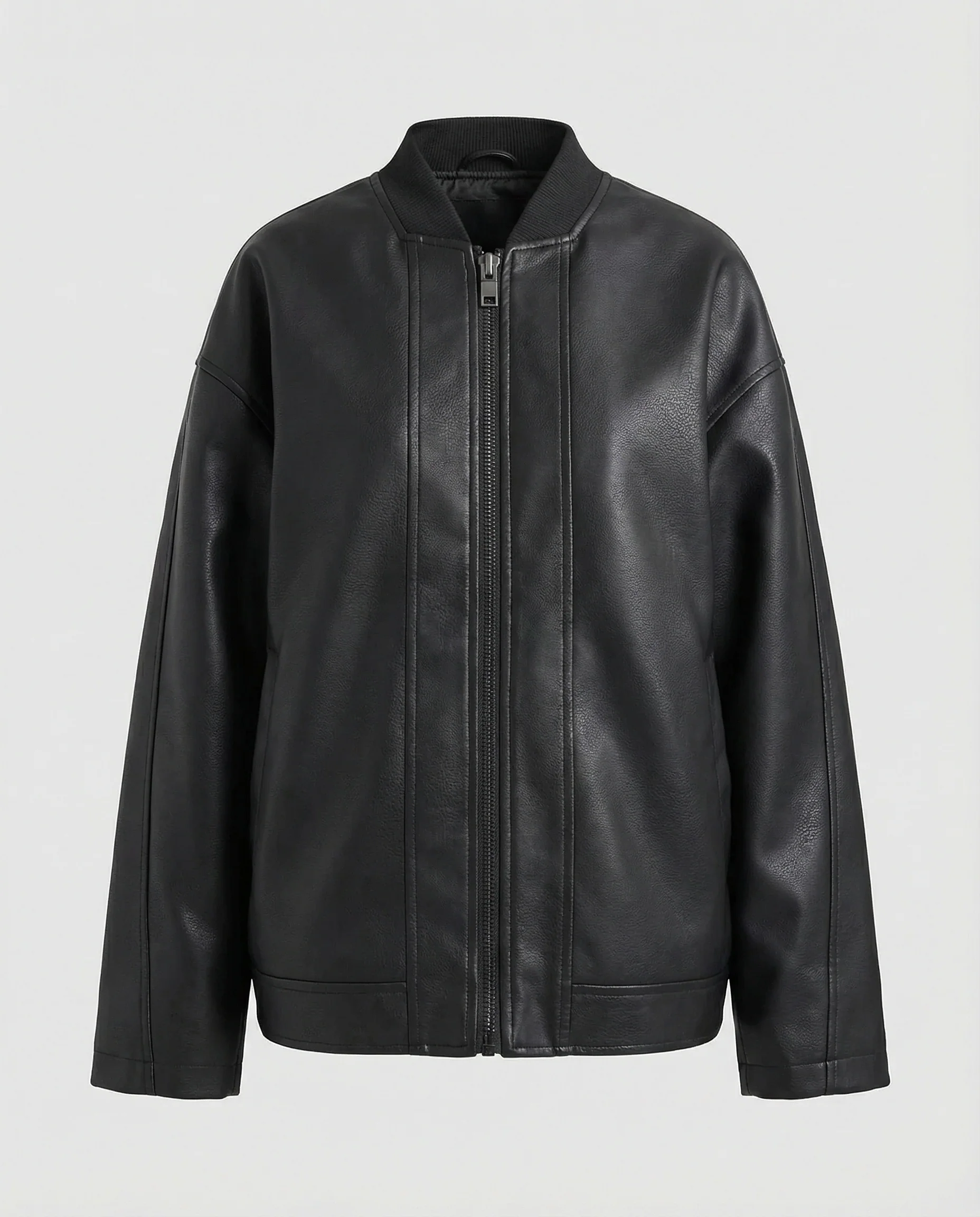 Damen oversized Lederimitat-Überjacke mit kurzem Stehkragen, verdecktem Reißverschluss und markanten Längsnähten Heidi-Mode - Image 5